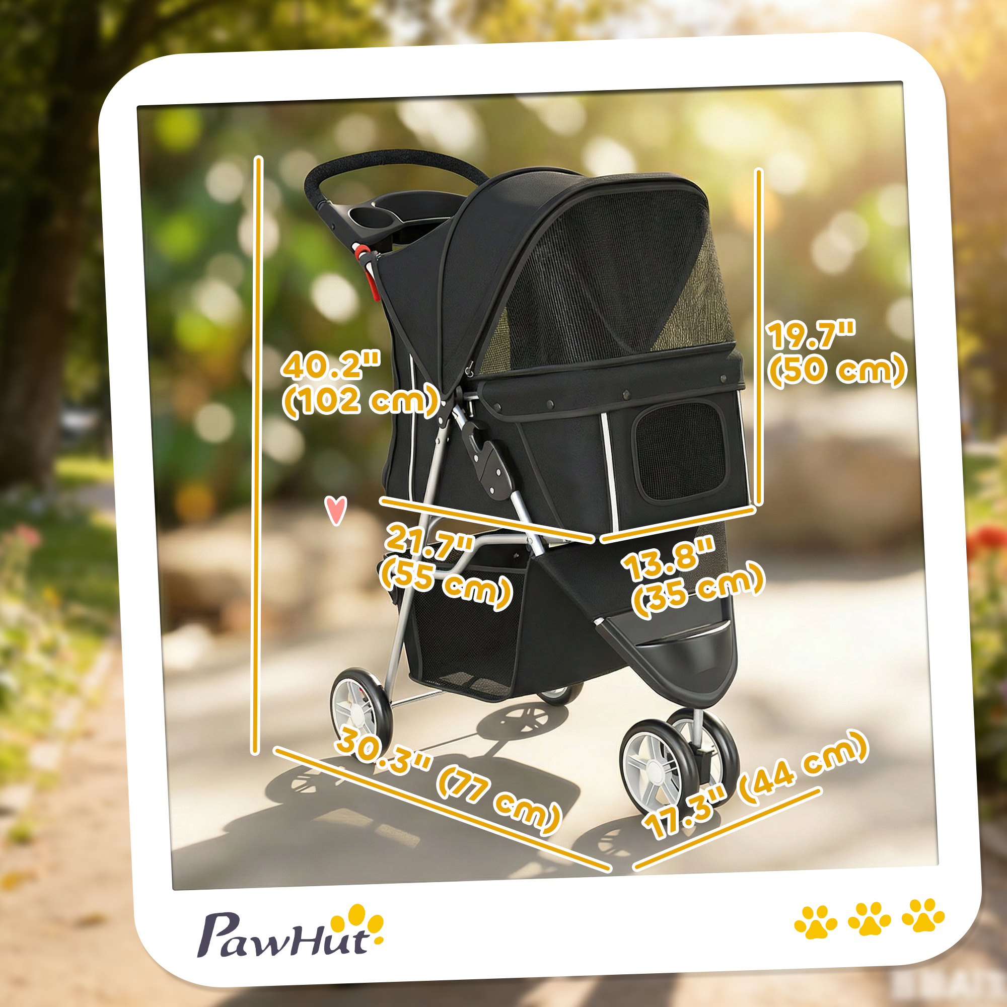 3 Wheels Foldable Dog Stroller with Storage Basket, Adjustable Canopy, Cupholder for Miniature and Small Dogs, Black