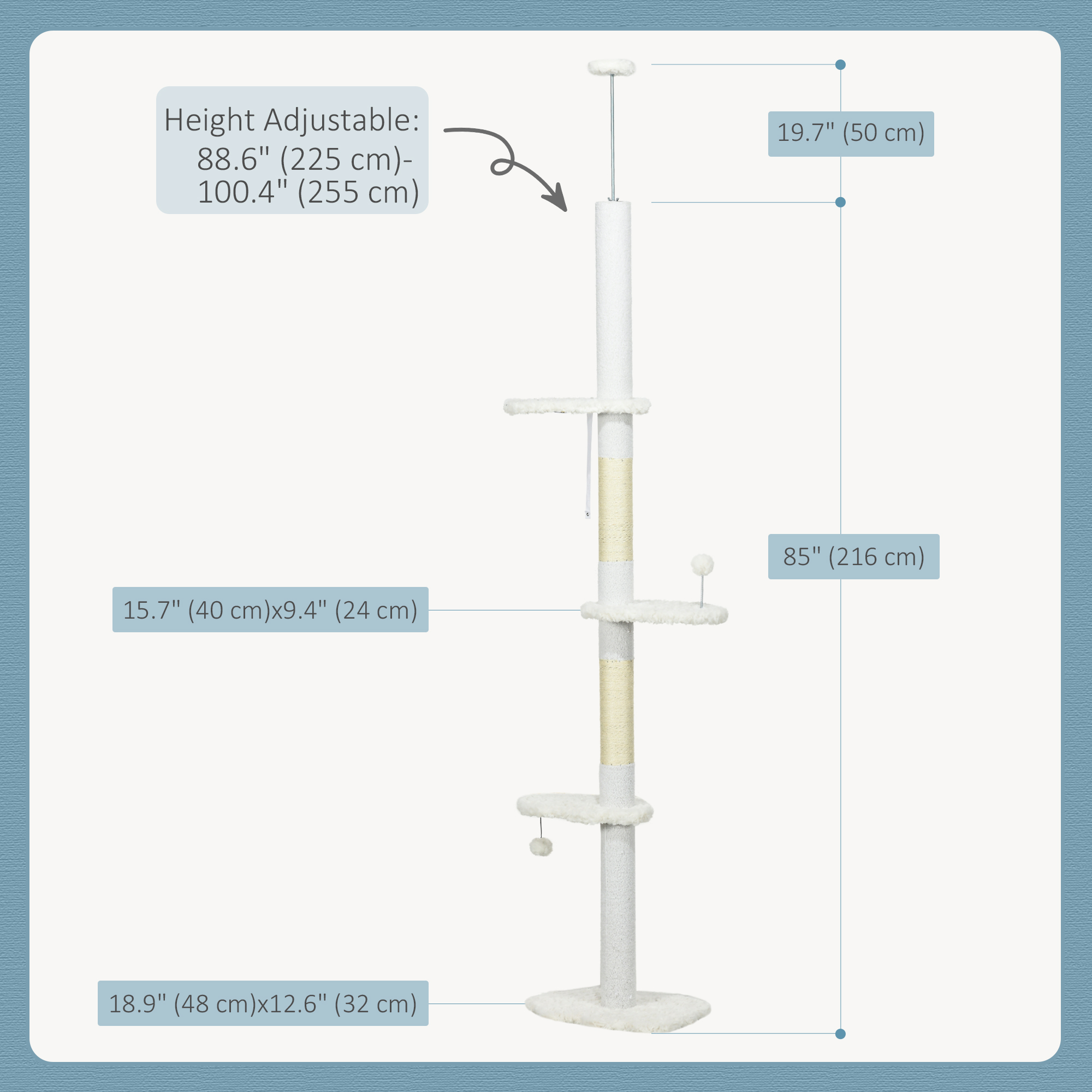 88.5"-100.5" Floor to Ceiling Cat Tree, Cat Tower with Scratching Posts, Cloud Shaped Platforms, Dangling Balls, White