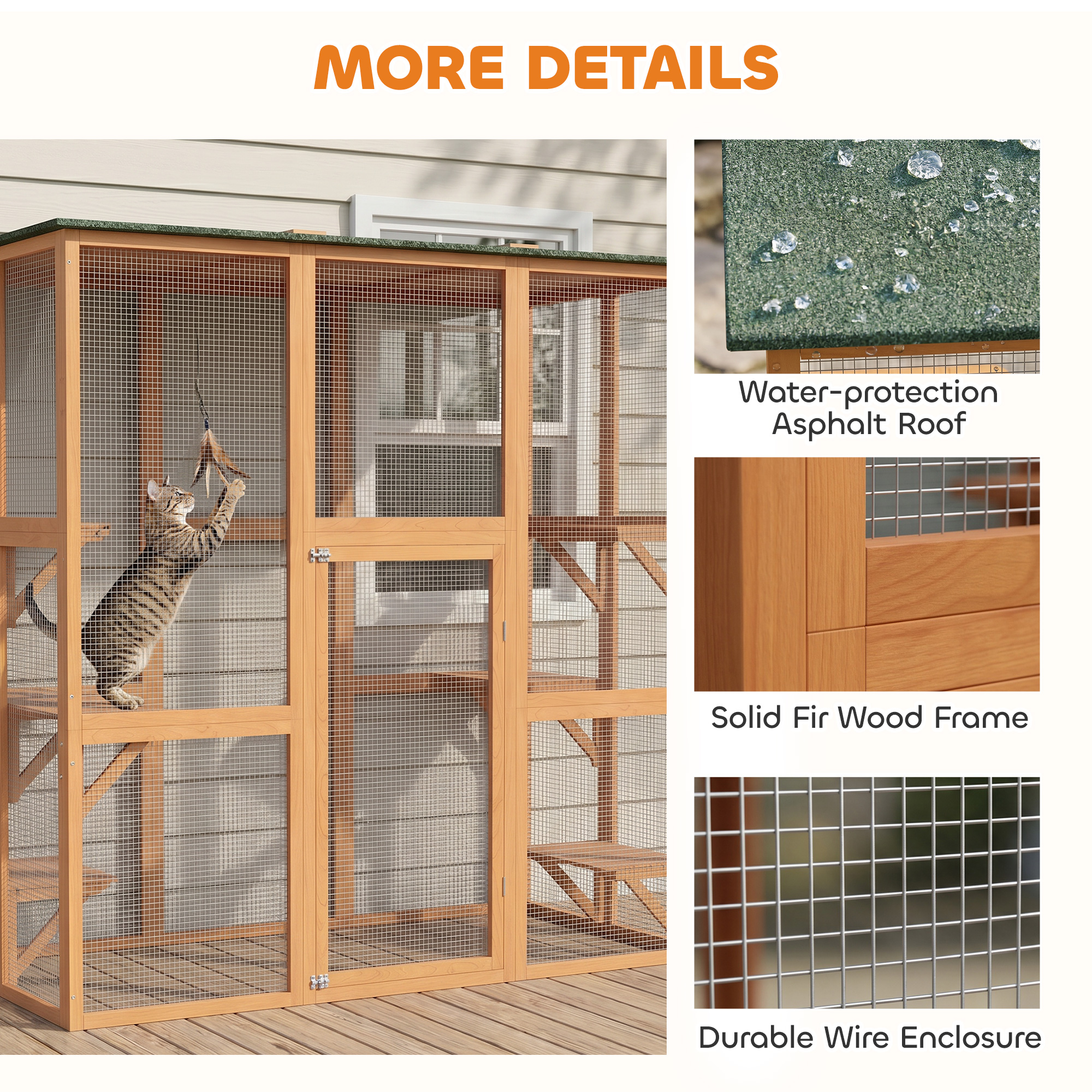 71" x 39" x 71" Cat Cage, Large Outdoor Wooden Cat Patio with 6 Balanced Platforms and Asphalt Roof, Orange