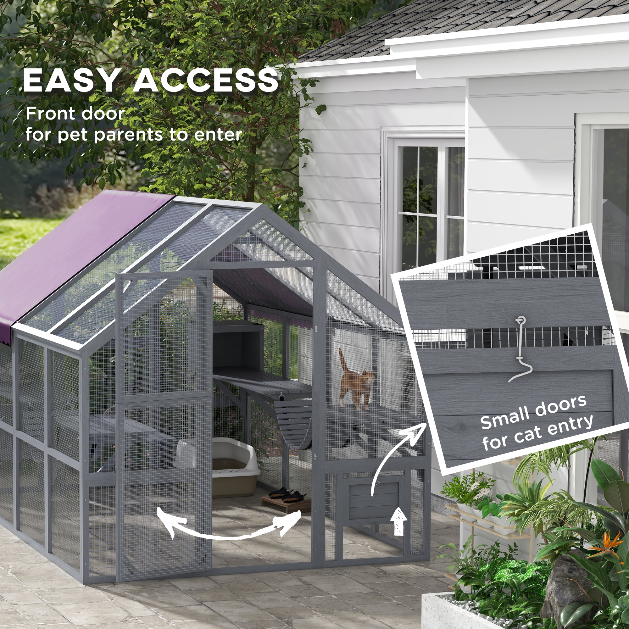 Outdoor Cat Enclosure Wooden Feral Cat House w/ Weatherproof Canopy, Bridges, Resting Boxes, Platforms, for 3-6 Cats
