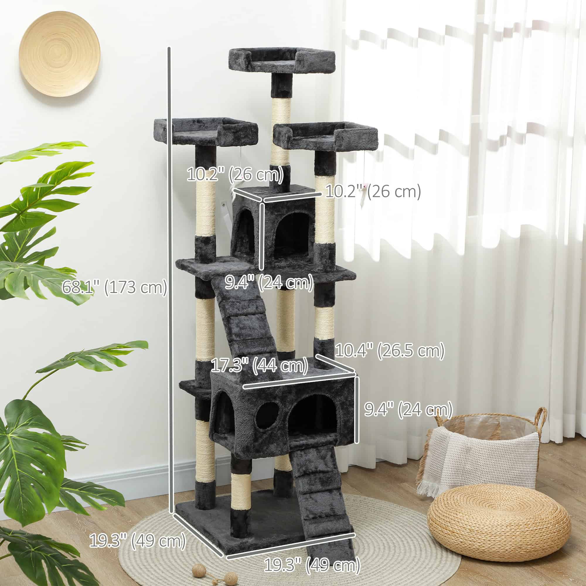 68" Multi-Level Cat Scratching Tree with 3 Perches & 2 Condos, 4 Tier Kitty Activity Center with Ladders & Dangling Toys, Grey - Image 3