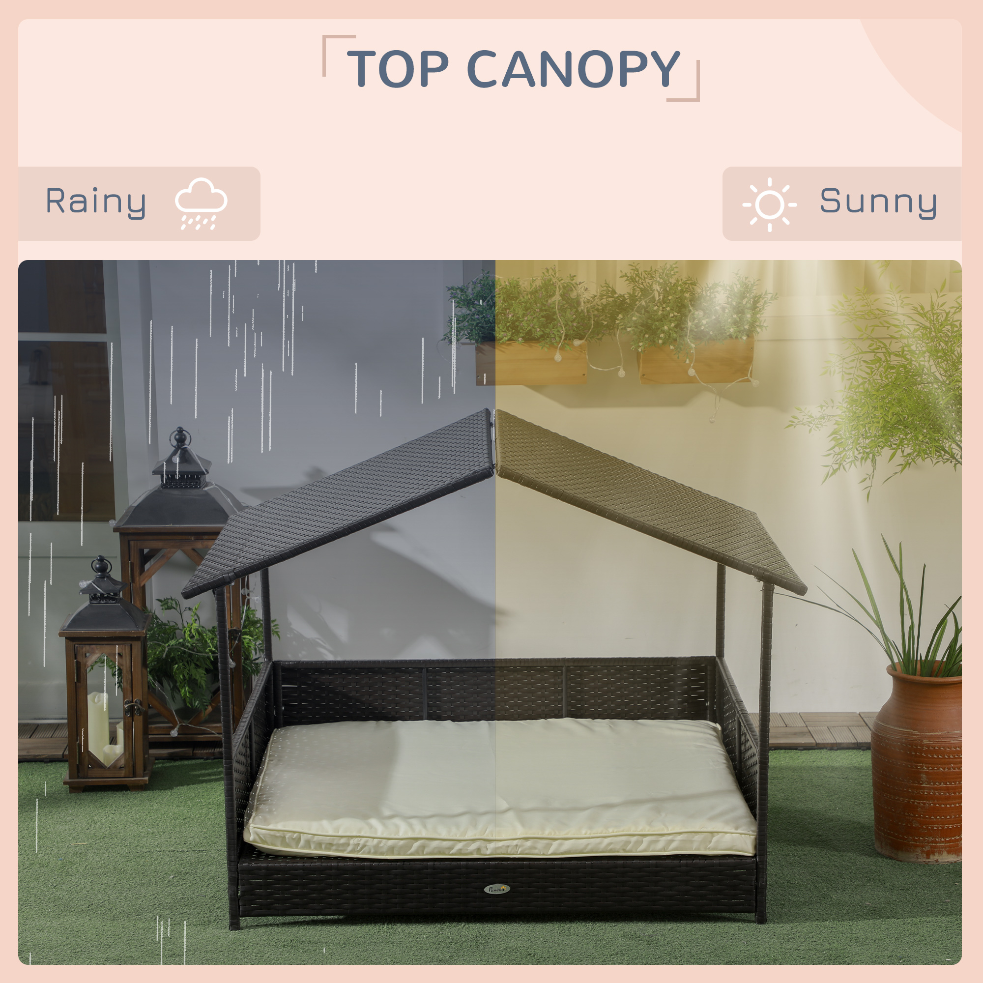 Rattan Dog House with Canopy, Wicker Dog Bed with Water-Resistant Cushion, for Small and Medium Breeds Cream White