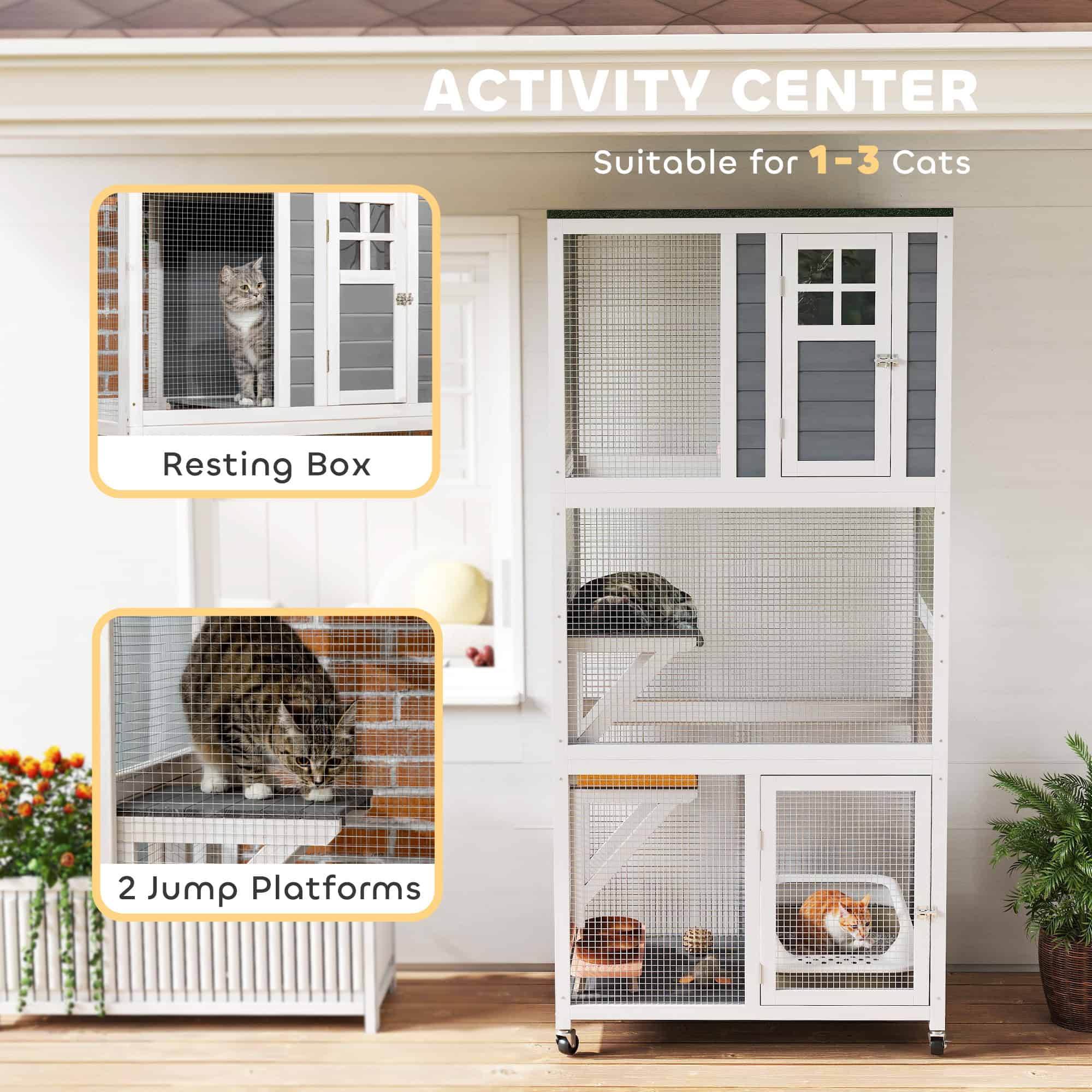 74" Wooden Outdoor Cat House Weatherproof & Wheeled with High Weight Capacity, Kitten Cage Condo, White - Image 4