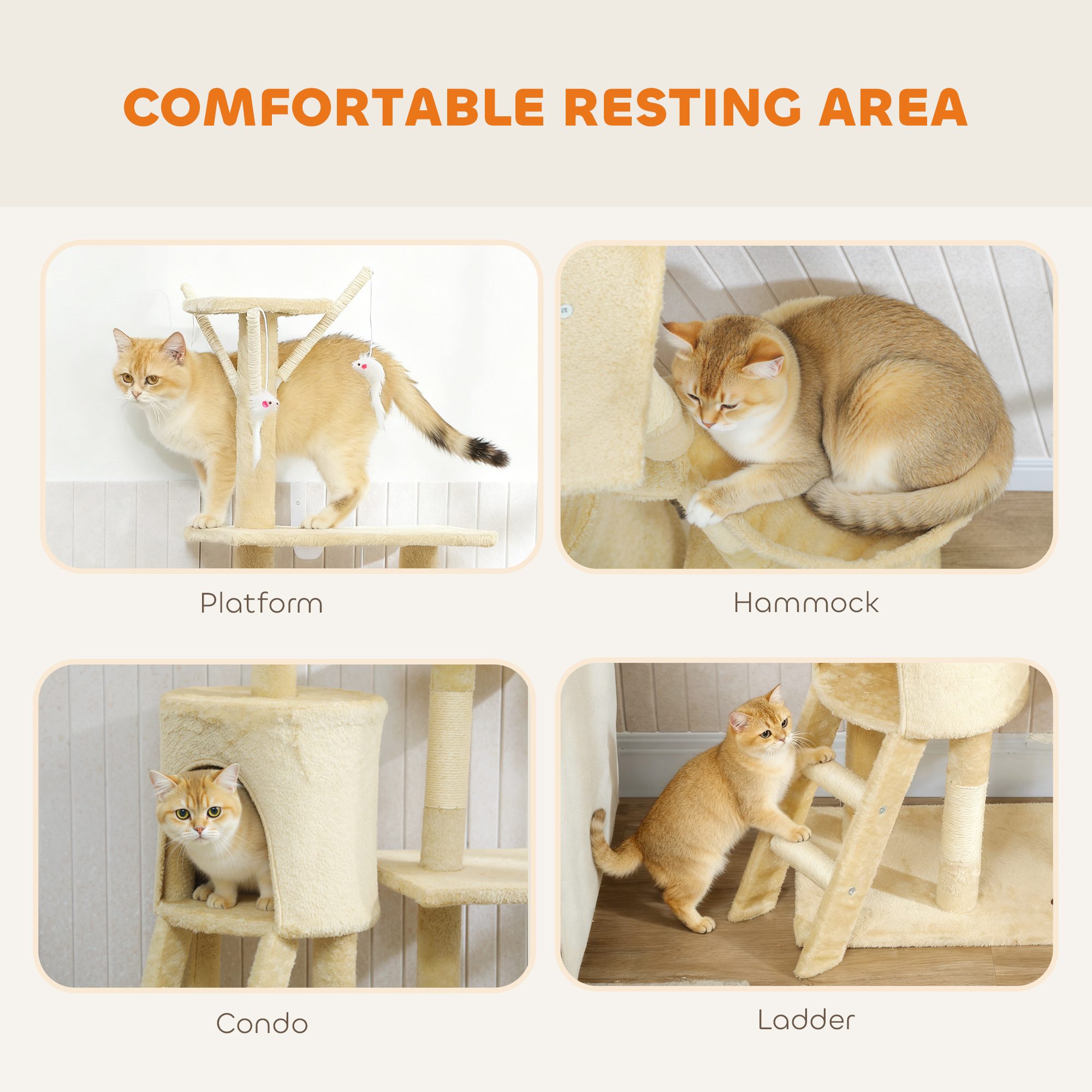 53" Cat Tree Tower, Kitten Activity Centre with Scratching Posts, Condo, Perches, Ladder, Hammock, Dangling Toys, Beige