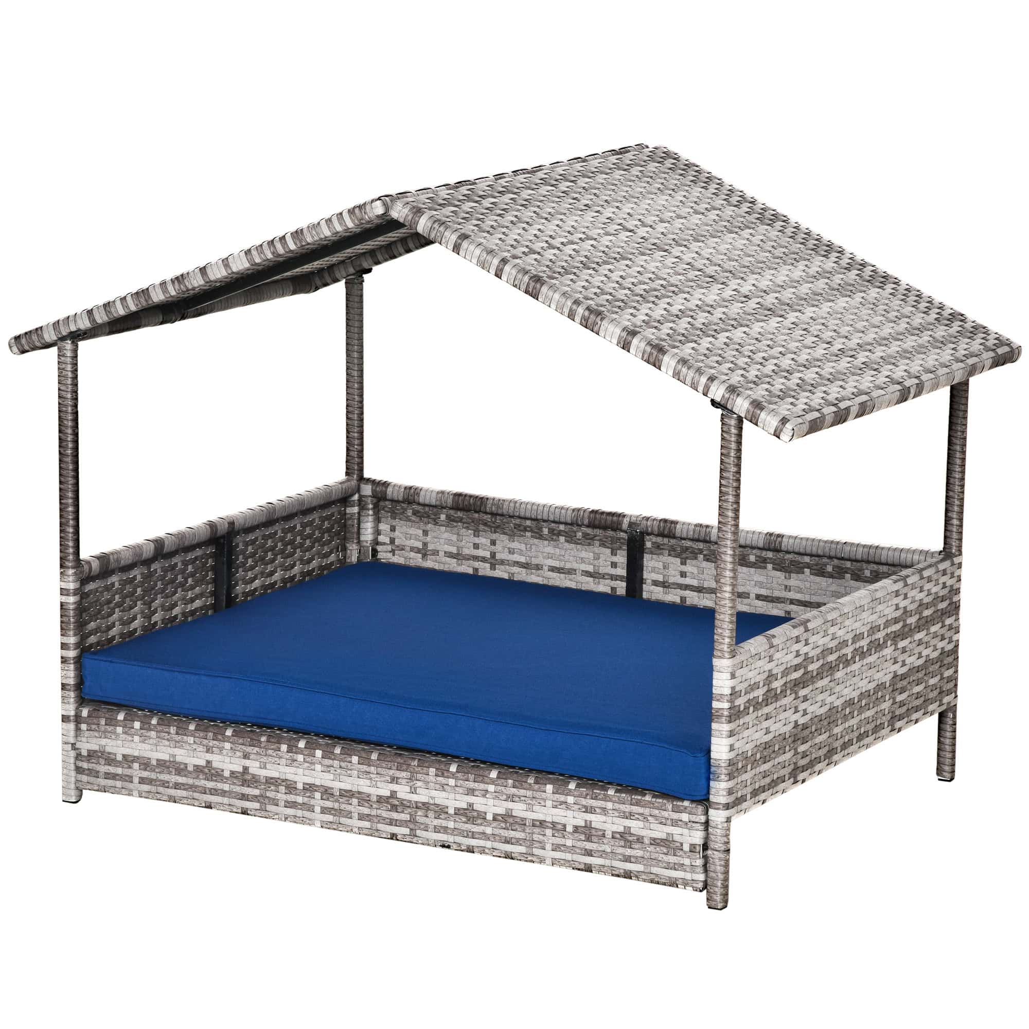 Rattan Dog House with Canopy, Wicker Dog Bed with Water-Resistant Cushion, for Small and Medium Breeds Dark Blue