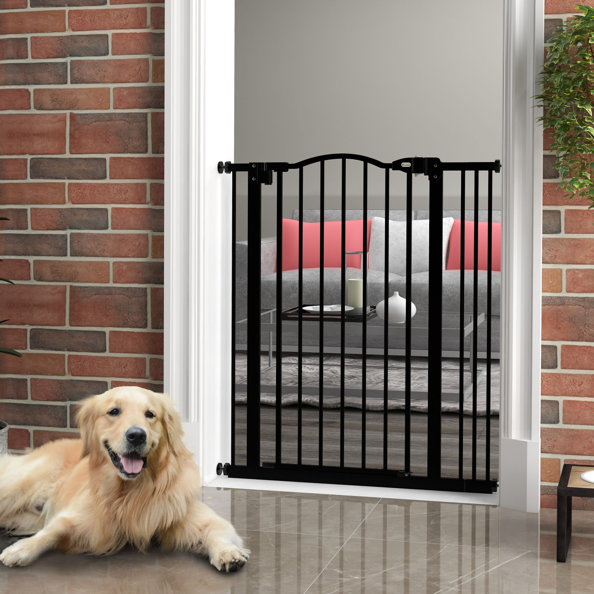 Extra Tall Dog Gate with Door, Pressure Fit, Auto Close, Double Locking for Doorways Hallways Stairs, 29"-34", Black