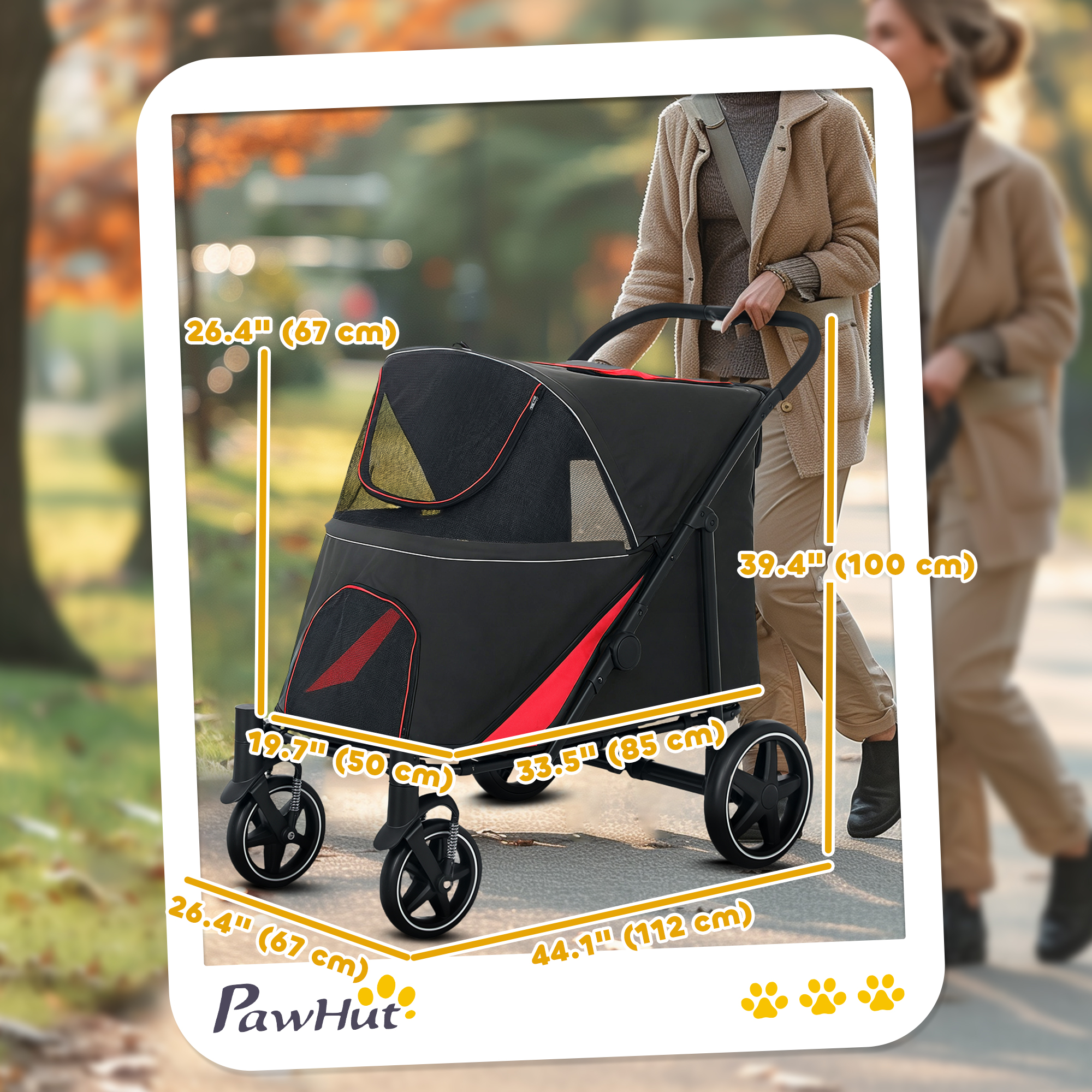 Foldable Pet Stroller with Universal Front Wheels, Shock Absorber, Dog Cat Carriage for Large & Medium Dogs, Black