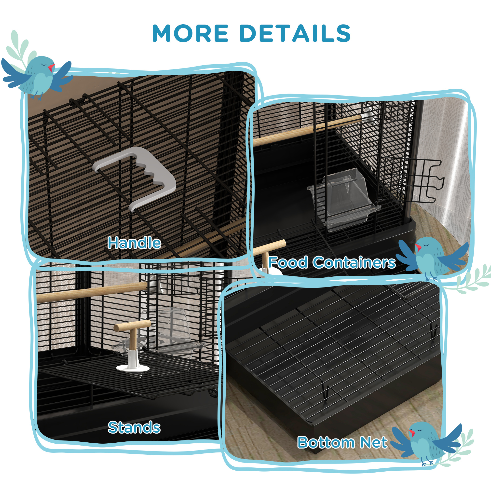 22" Bird Cage for Budgie Finches Canaries Love Birds with Wooden Stands, Slide-Out Tray, Handles, Food Containers, Black