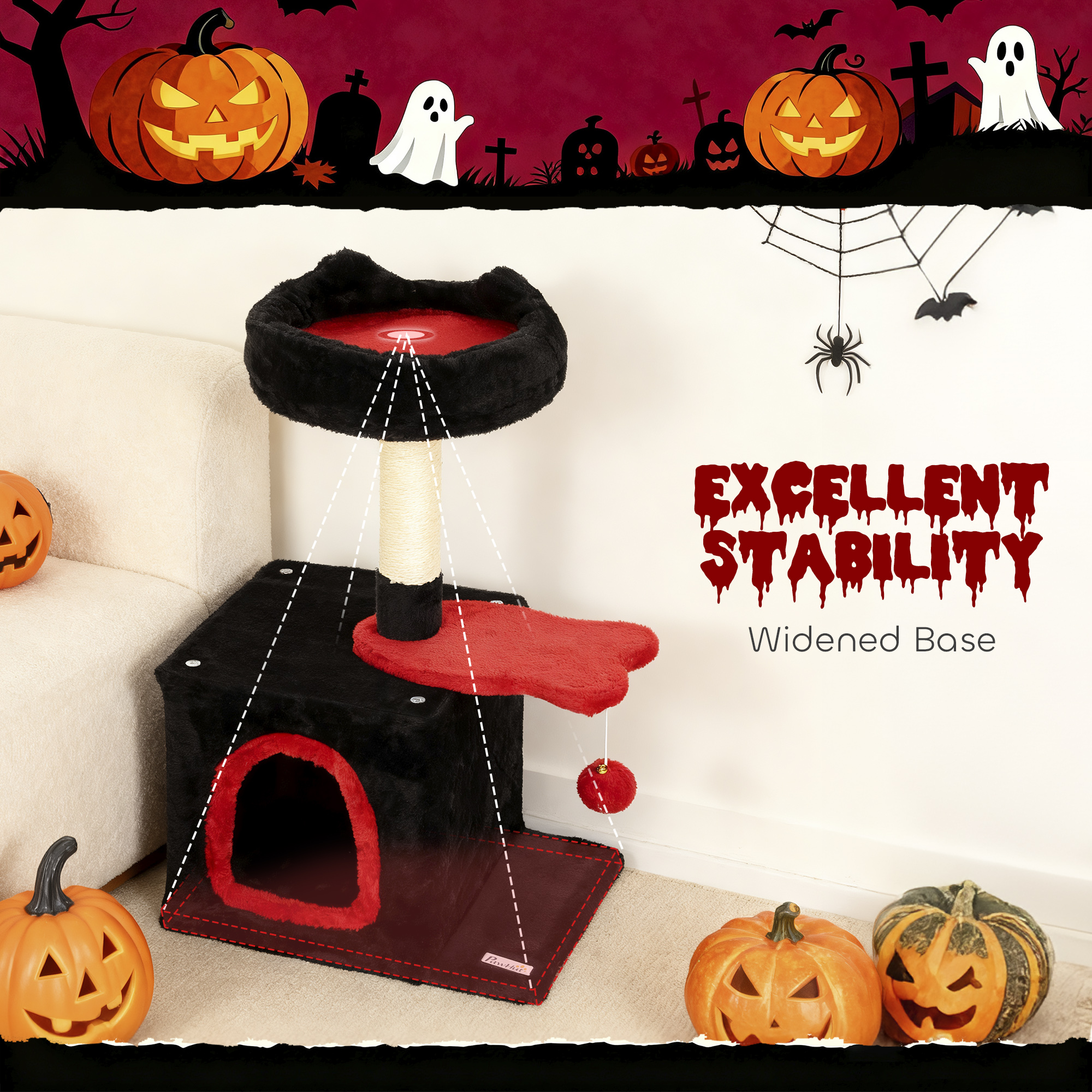 28" Gothic Cat Tree Tower with Plush Top Bed, Cozy Condo, Sisal Scratching Post, Perch, Dangling Ball, Red & Black