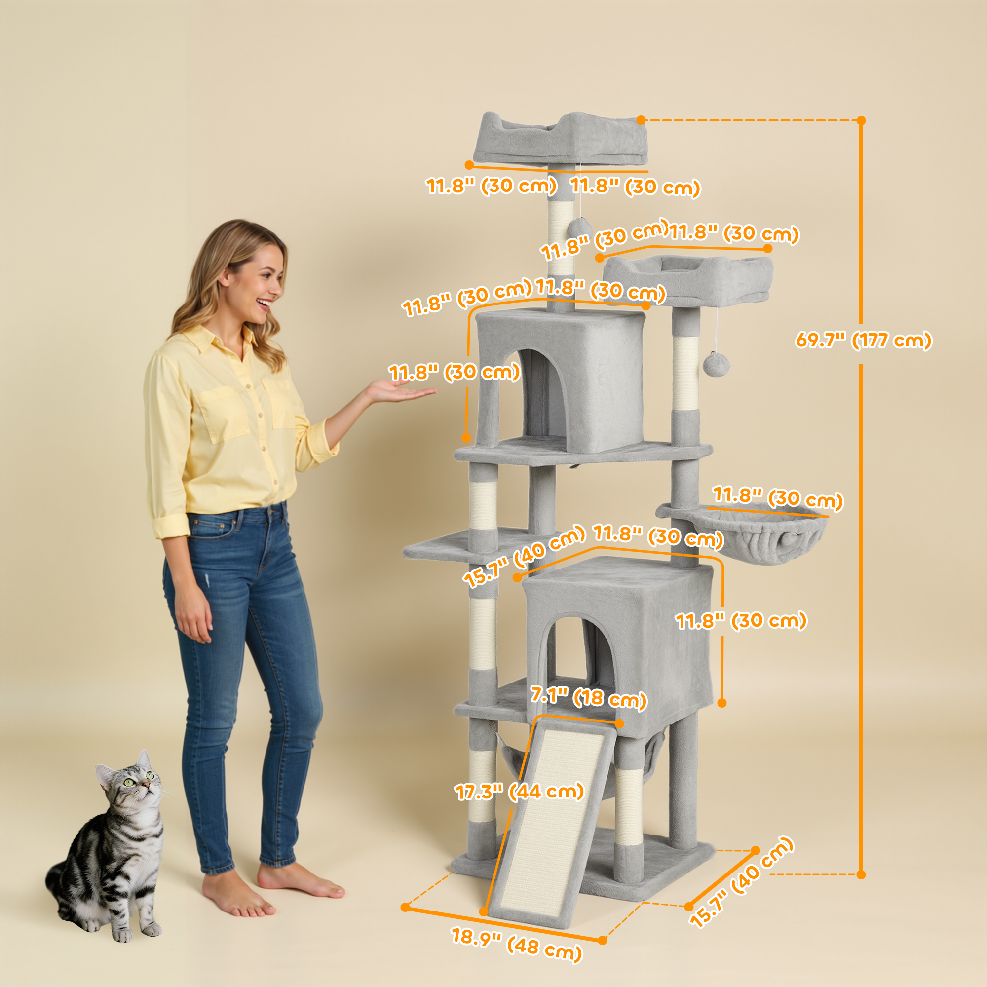 Cat Tree, 70" Multi-Level Cat Tower with 2 Condos, 2 Beds, Hammock, Toy Balls, Scratching Posts and Board, Light Grey