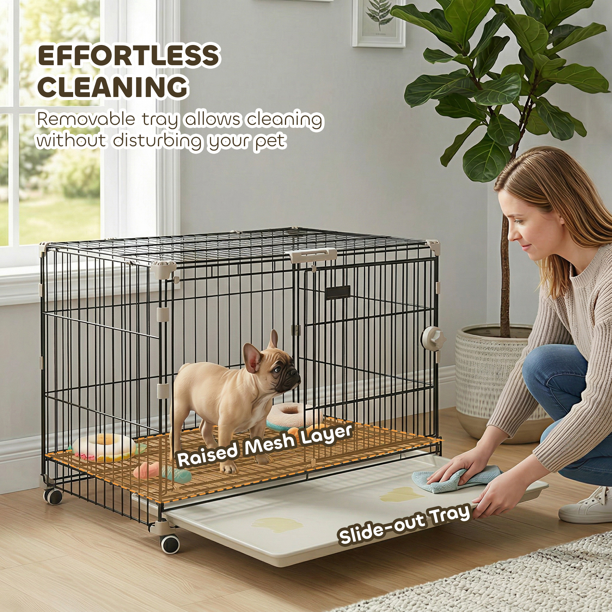 Dog Crate, 30 Inch Metal Dog Cage with Removable Tray, Lockable Wheels, 2 Doors for Small Medium Breeds, Black - Image 7