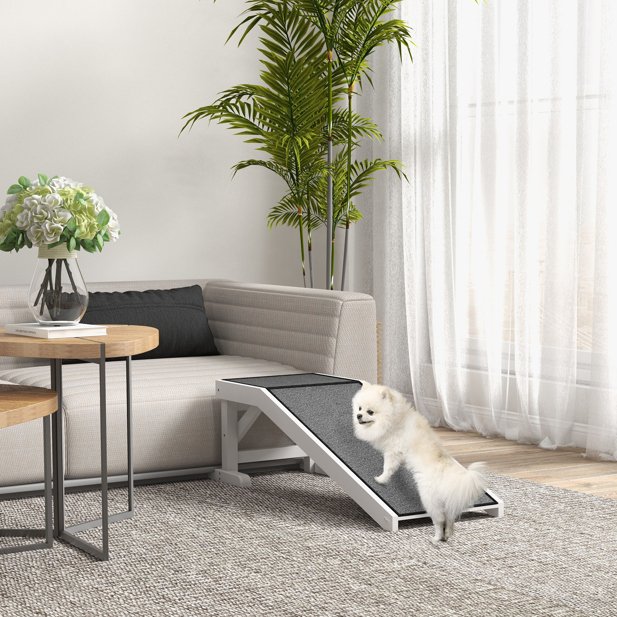 Pet Ramp, Bed Steps for Dogs Cats with Non-slip Carpet, 49"L x 16"W x 14"H, White Grey