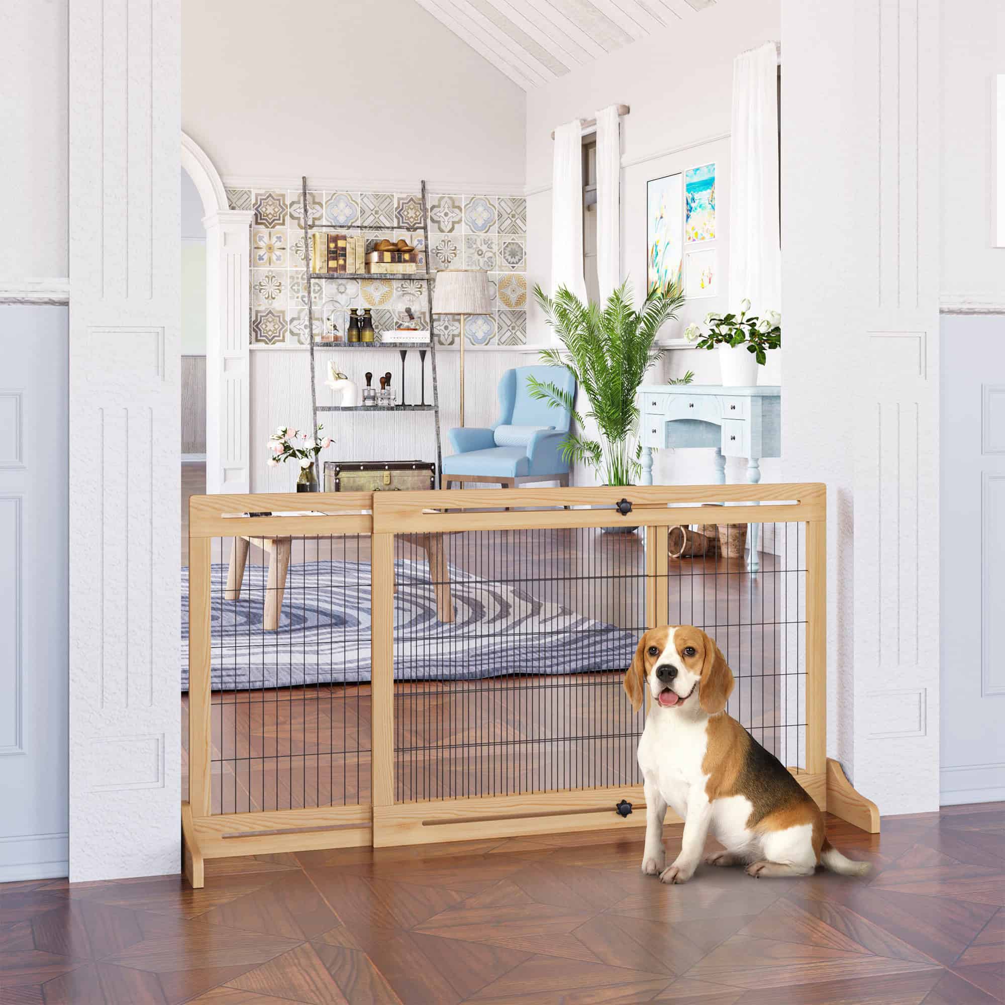 41"-71" Wooden Freestanding Pet Gate with Support Feet, for Small Medium Dogs, Natural