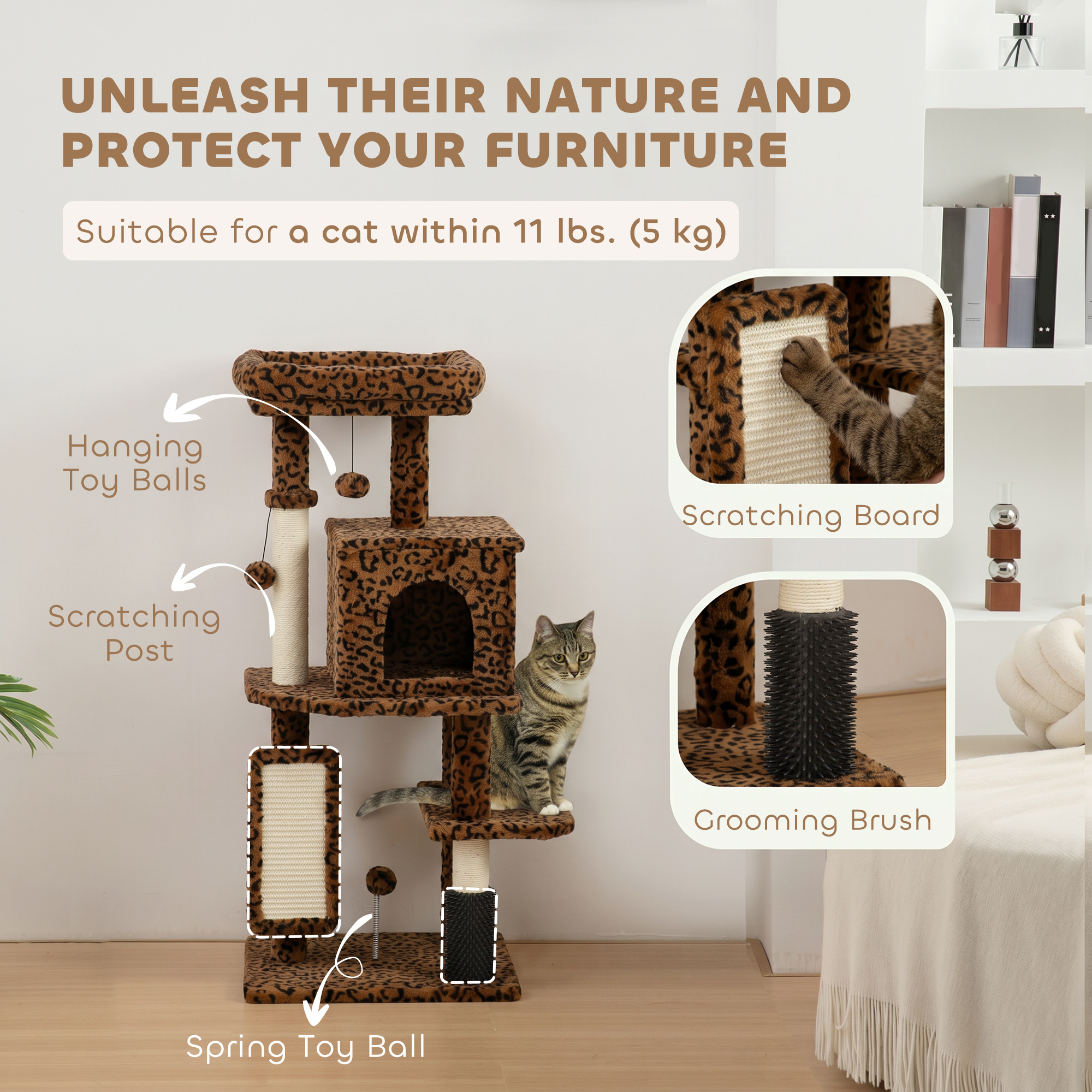 41 Inch Cat Tree with Scratching Posts, Cat Bed, Condo, Jumping Platforms, Toy Balls, Leopard Print