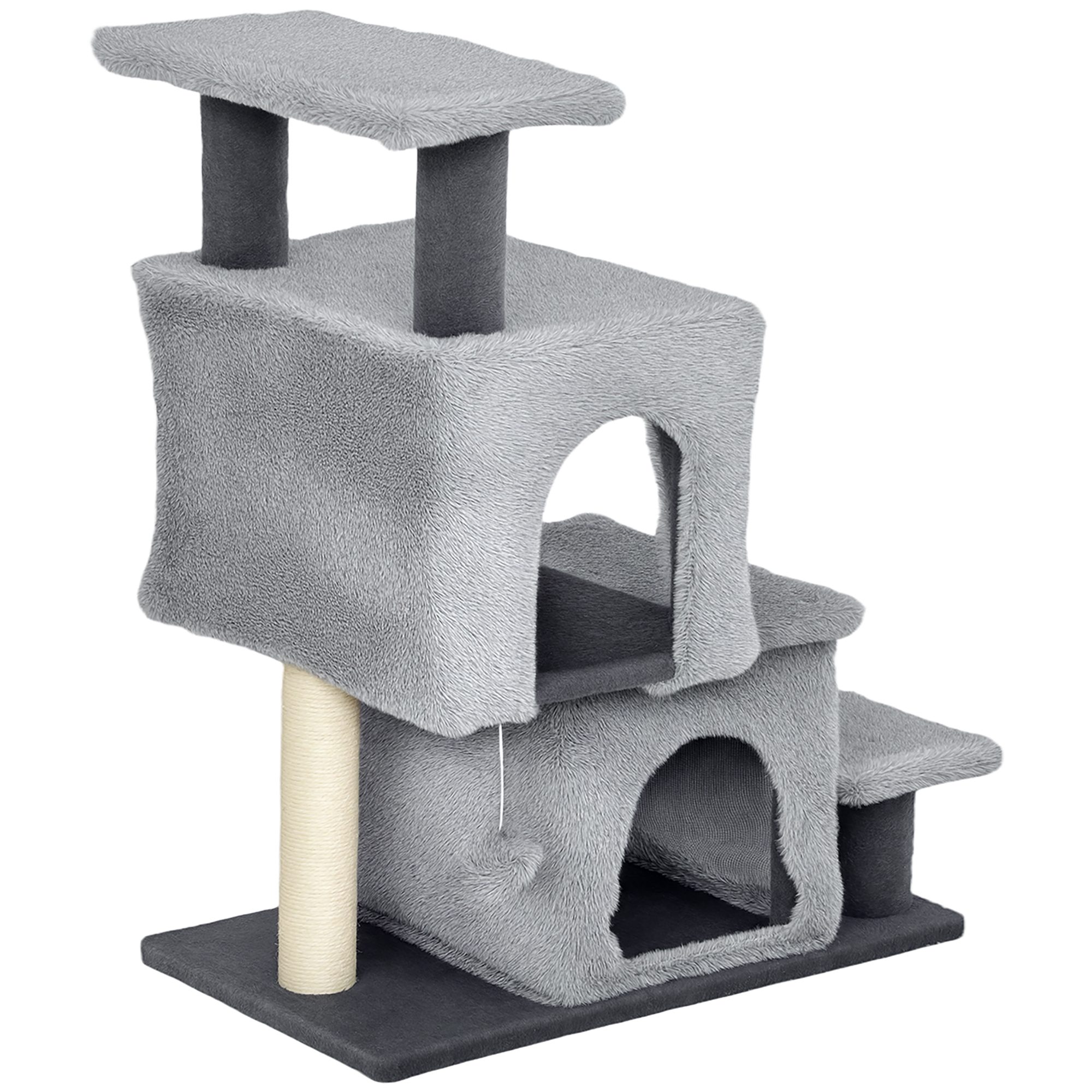 4-Step Pet Stairs, Adjustable Height Cat Stairs with Scratching Posts Cat Condo, Hanging Ball for High Bed, Grey