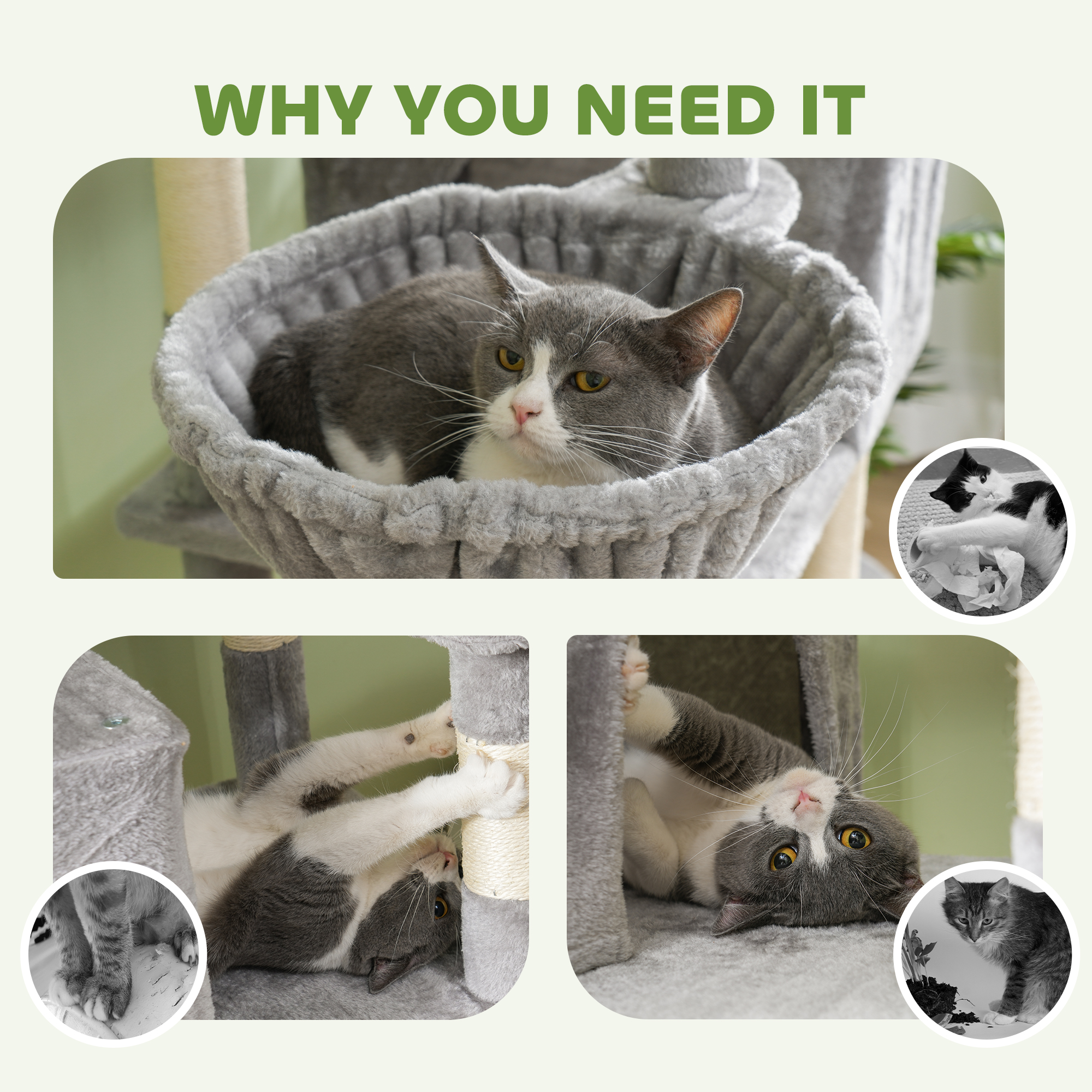 81" Large Cat Tree w/ Scratching Posts, Condos, Beds, Hammocks, Jumping Platforms, Toy Balls, Rope Cat Toy, Light Grey