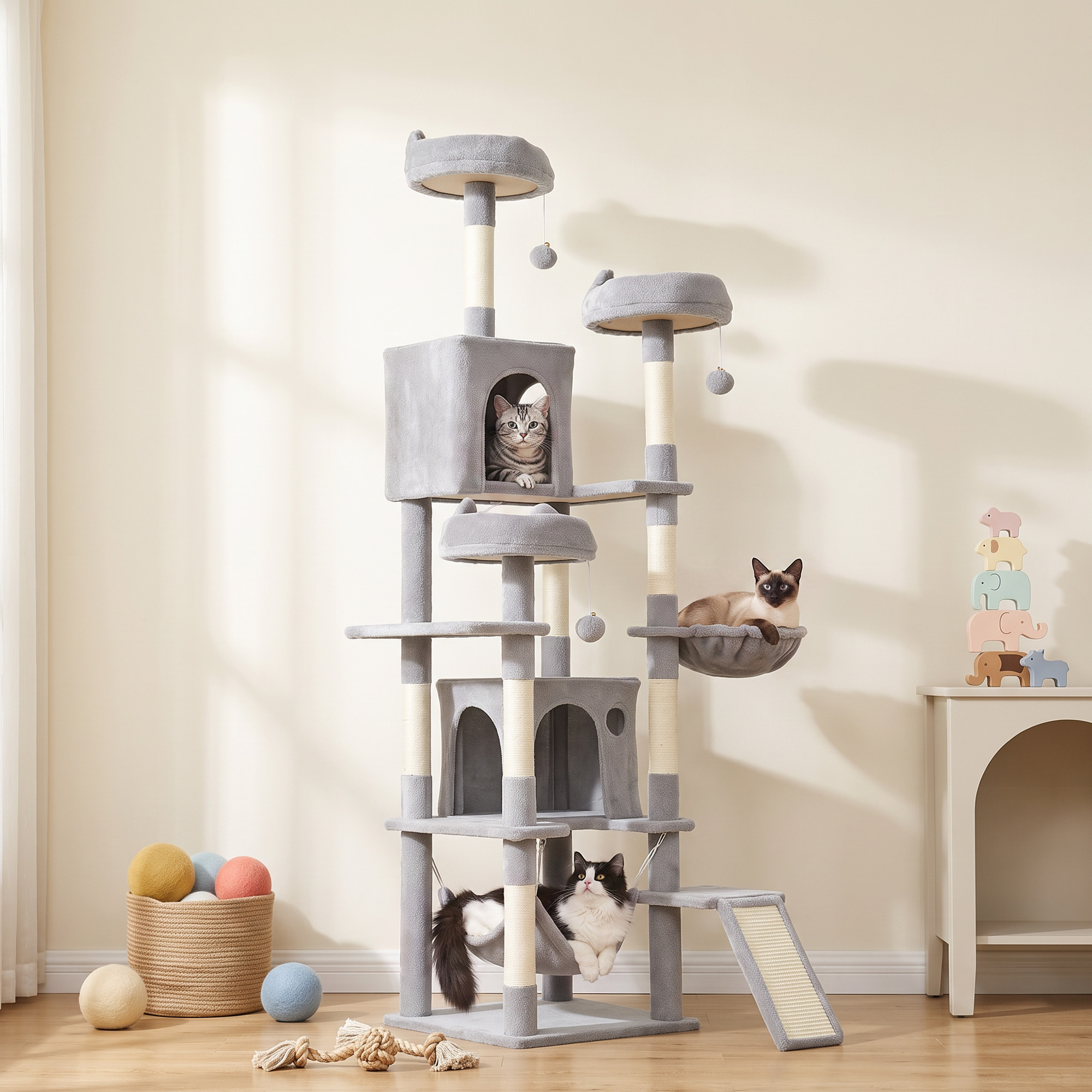 76" Large Cat Tree for Indoor Cats with 8 Scratching Posts, 3 Plush Beds, 2 Hammocks, 2 Large Condos, Ramp, Light Grey