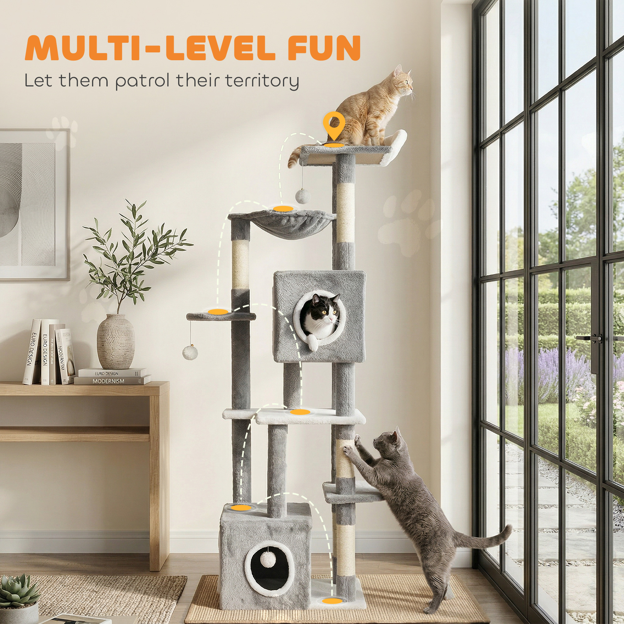 65 Inch Cat Tree with 2 Doors Condos, Plush Top Perch, Hammock, Sisal Scratching Posts, 4 Pompoms, Ramp, Grey - Image 4