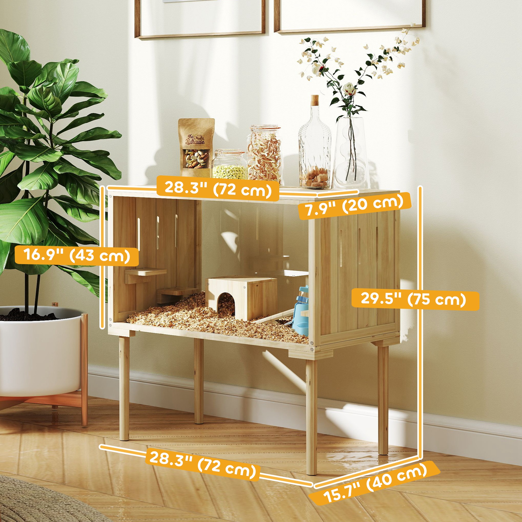 28"L Wooden Hamster Cage with Seesaw, Water Bottle, Food Dish, Hut, Transparent Panel for Easy Observe, Nature Wood