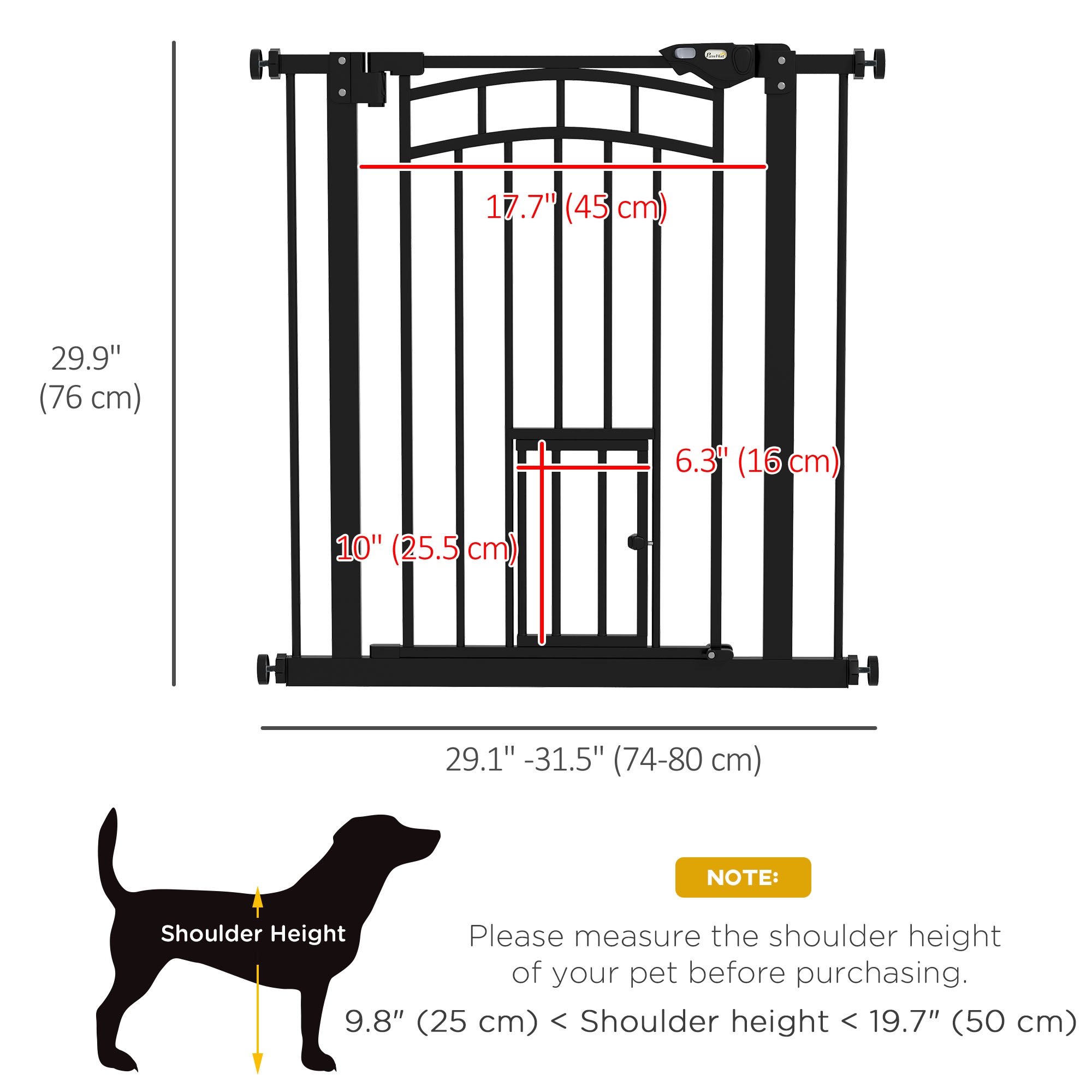 Auto-Close Pet Gate, Stair Gate with Cat Door, Double Locking for Doorways Hallways Stairs, Fits 29"-31.5" Wide, Black