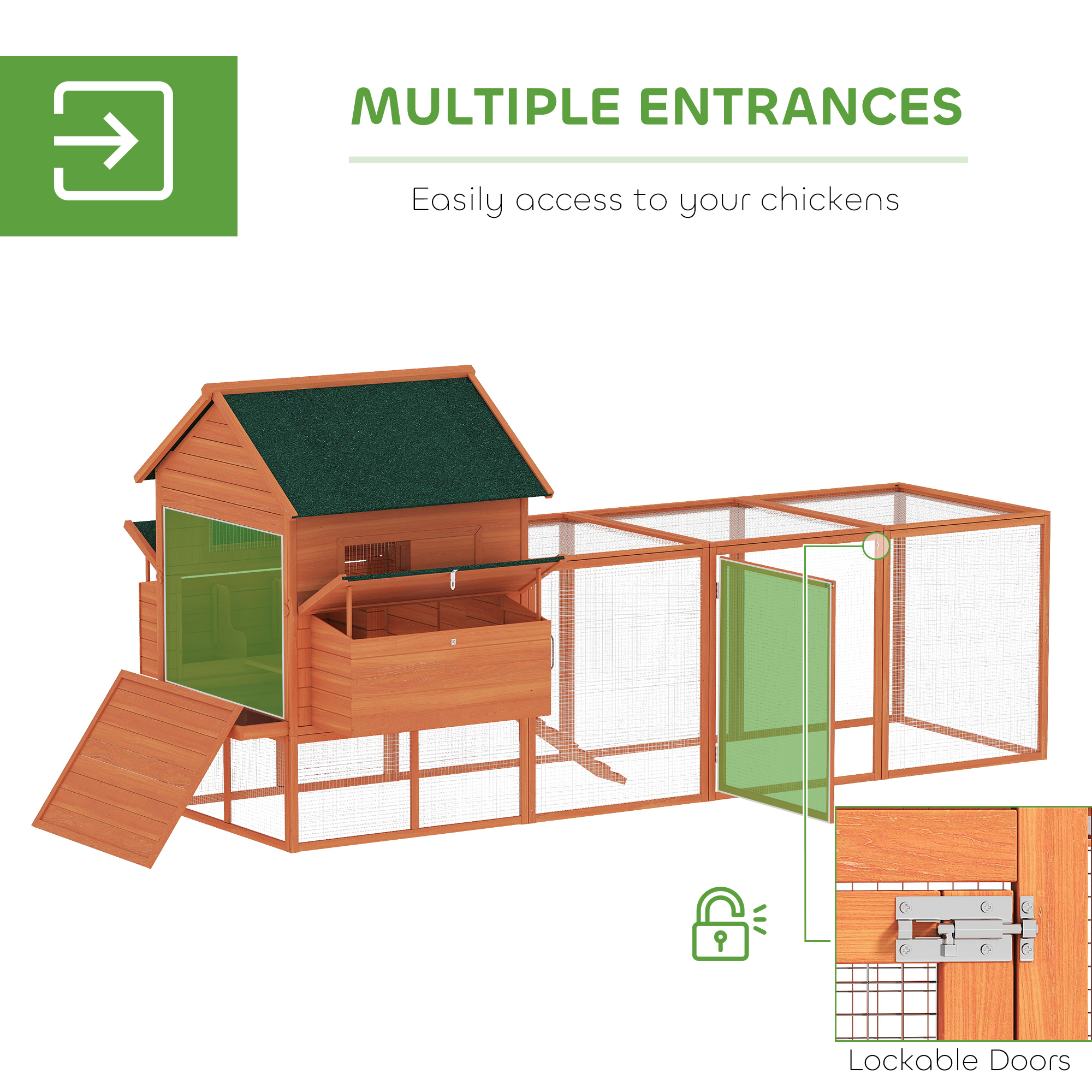 137" Wooden Chicken Coop with Chicken Run, Nesting Box, Orange
