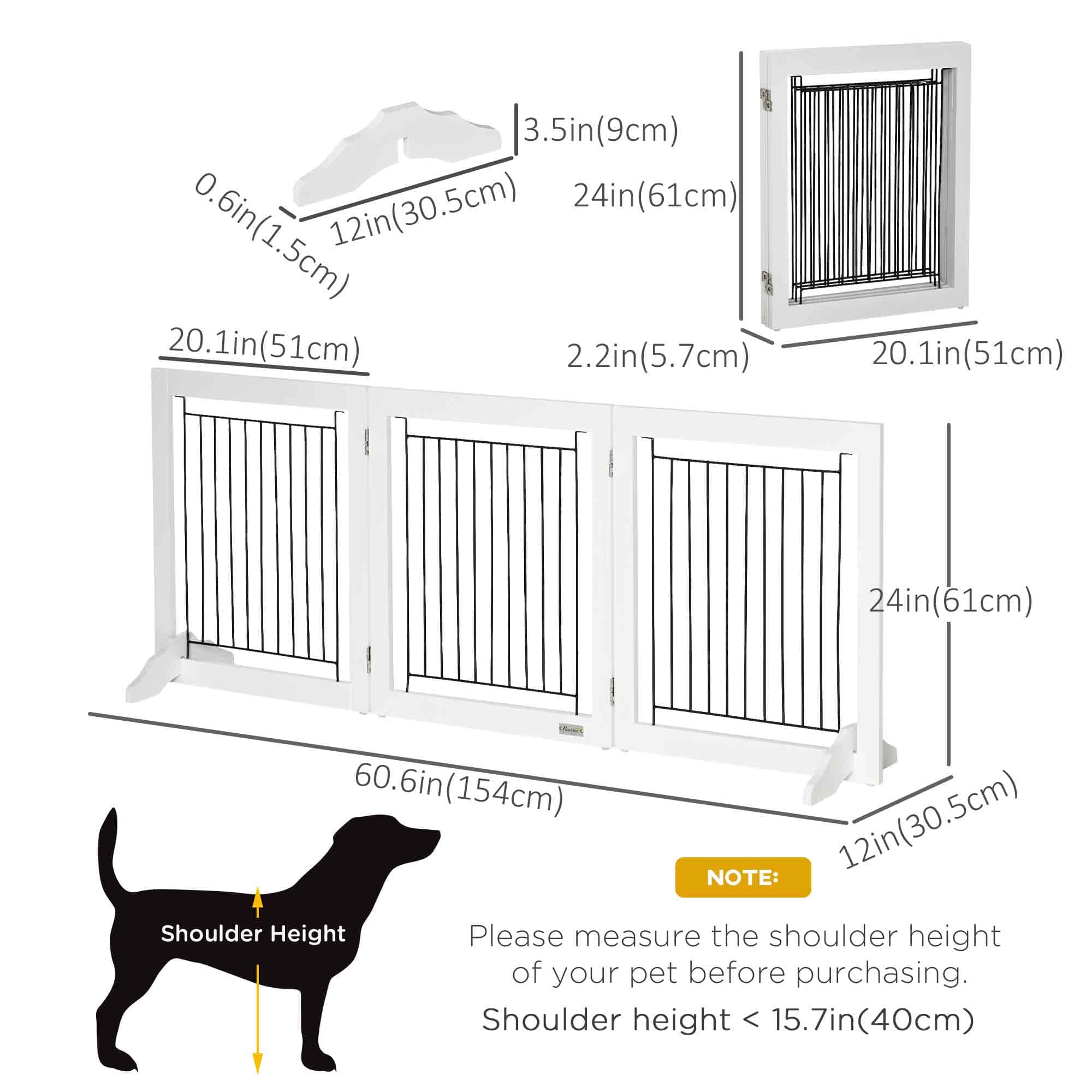 Freestanding Pet Gate, Folding Dog Gate with 2 Support Feet, 24" High, 3 Panels, for Small Dogs, Indoor Use - White - Image 3