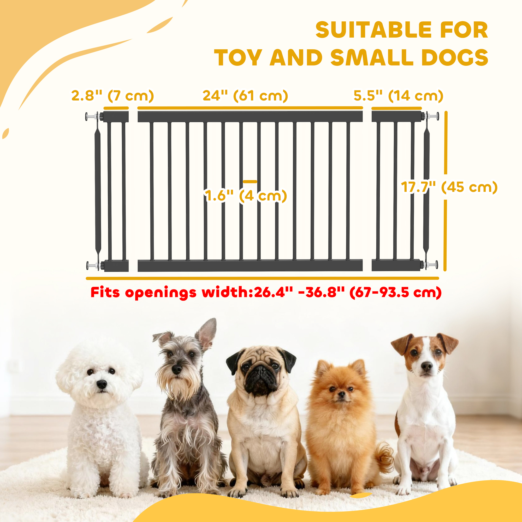 26"-37" Dog Gate, Adjustable Pet Gate, Fits 18" Tall with 2 Extension, Pressure Mount Kit for Stairs and Doorways, Black
