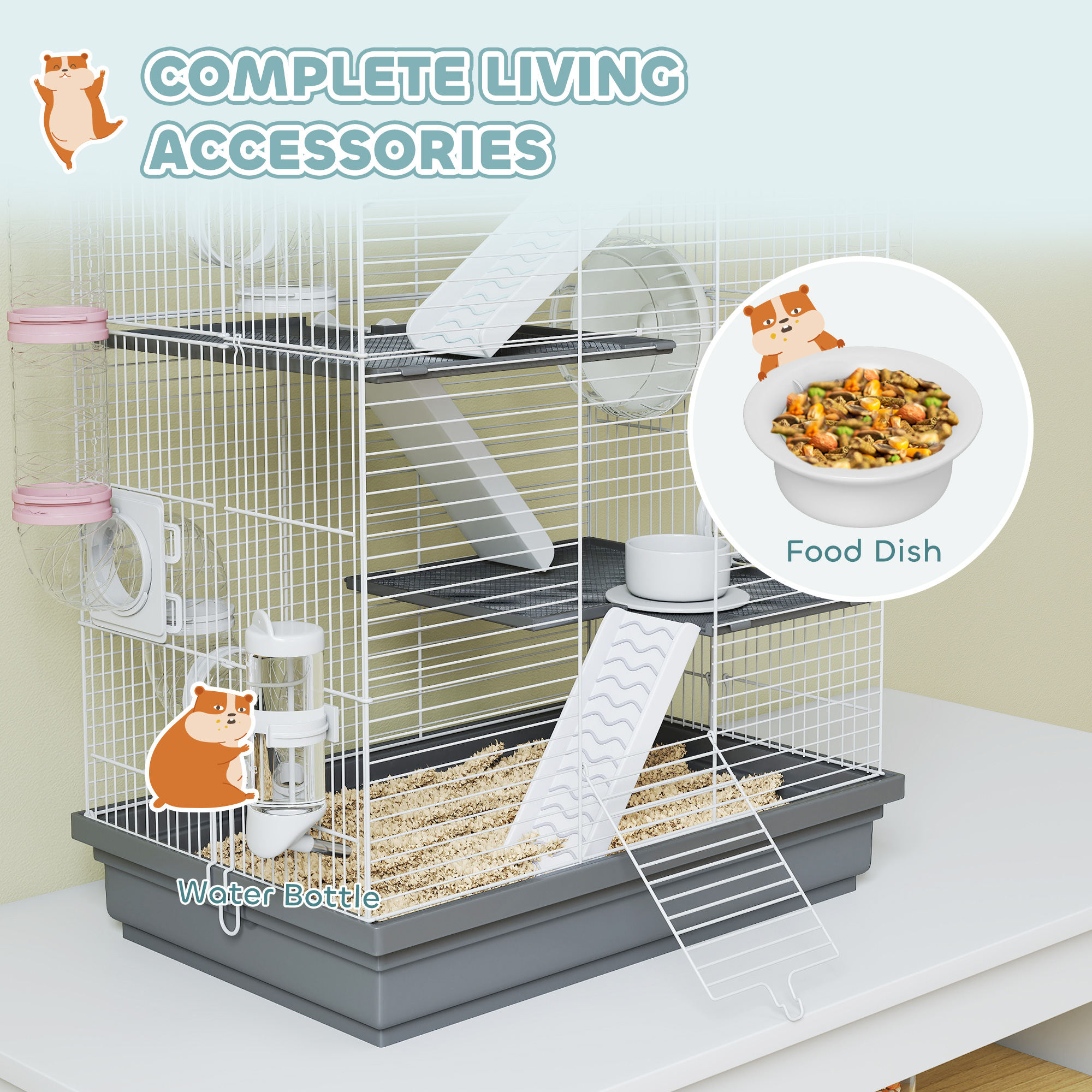4-Level Large Hamster Cage with DIY Tubes, Water Bottle, Food Dish, Hut, Exercise Wheels, Grey - Image 6