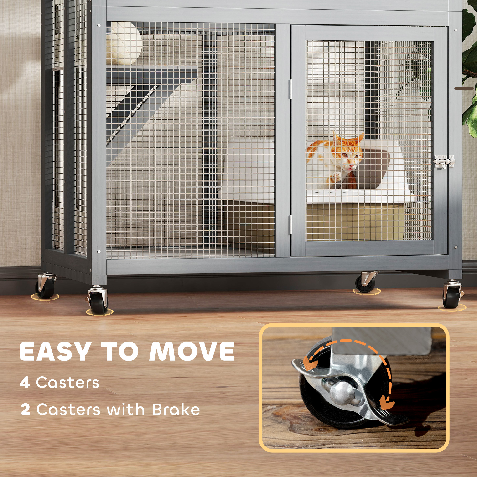 74" Wooden Outdoor Cat House Weatherproof & Wheeled with High Weight Capacity, Kitten Cage Condo, Light Grey