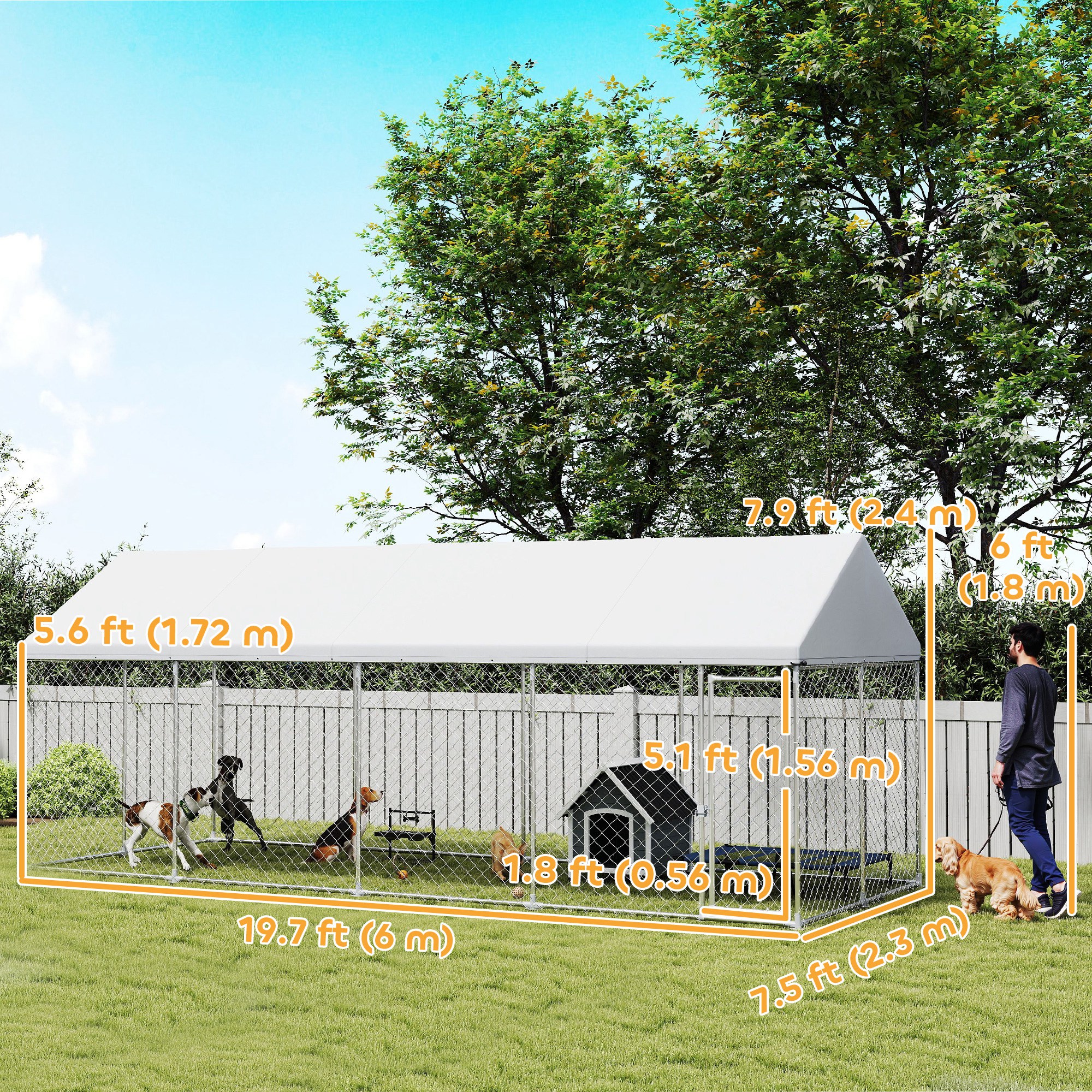 Heavy Duty Outdoor Dog Kennel with Waterproof Roof, Secure Latch, Chain Link Dog Run for Backyard, 19.7' x 7.5' x 7.9'
