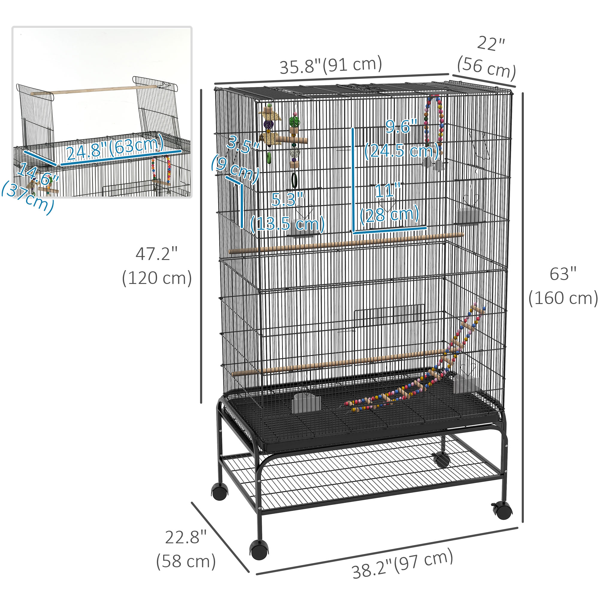 63" Bird Cage w/ Open Top for Budgies, Cockatiels, Lovebirds Finches, Stand, Toys, Removable Tray, Storage Shelf