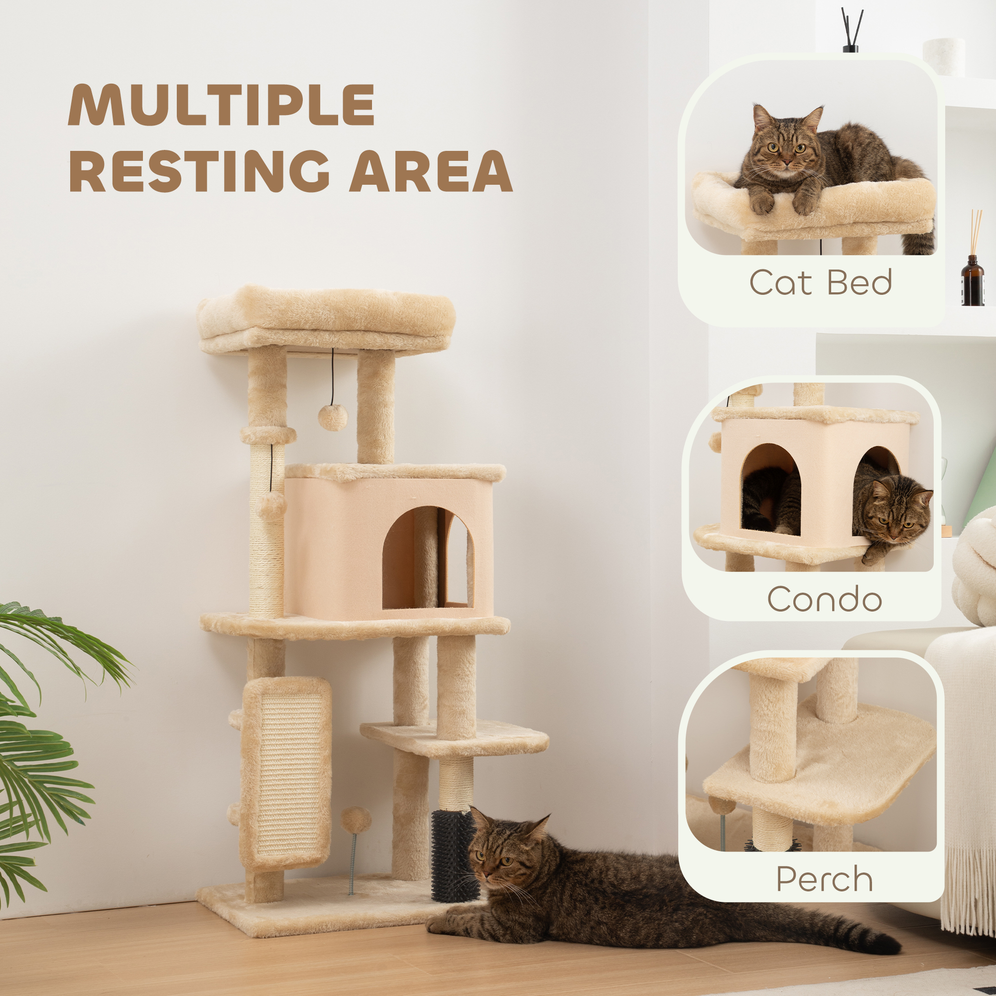 41 Inch Cat Tree with Scratching Posts, Cat Bed, Condo, Grooming Brush, Jumping Platforms, Toy Balls, Anti-tip Kit - Image 4