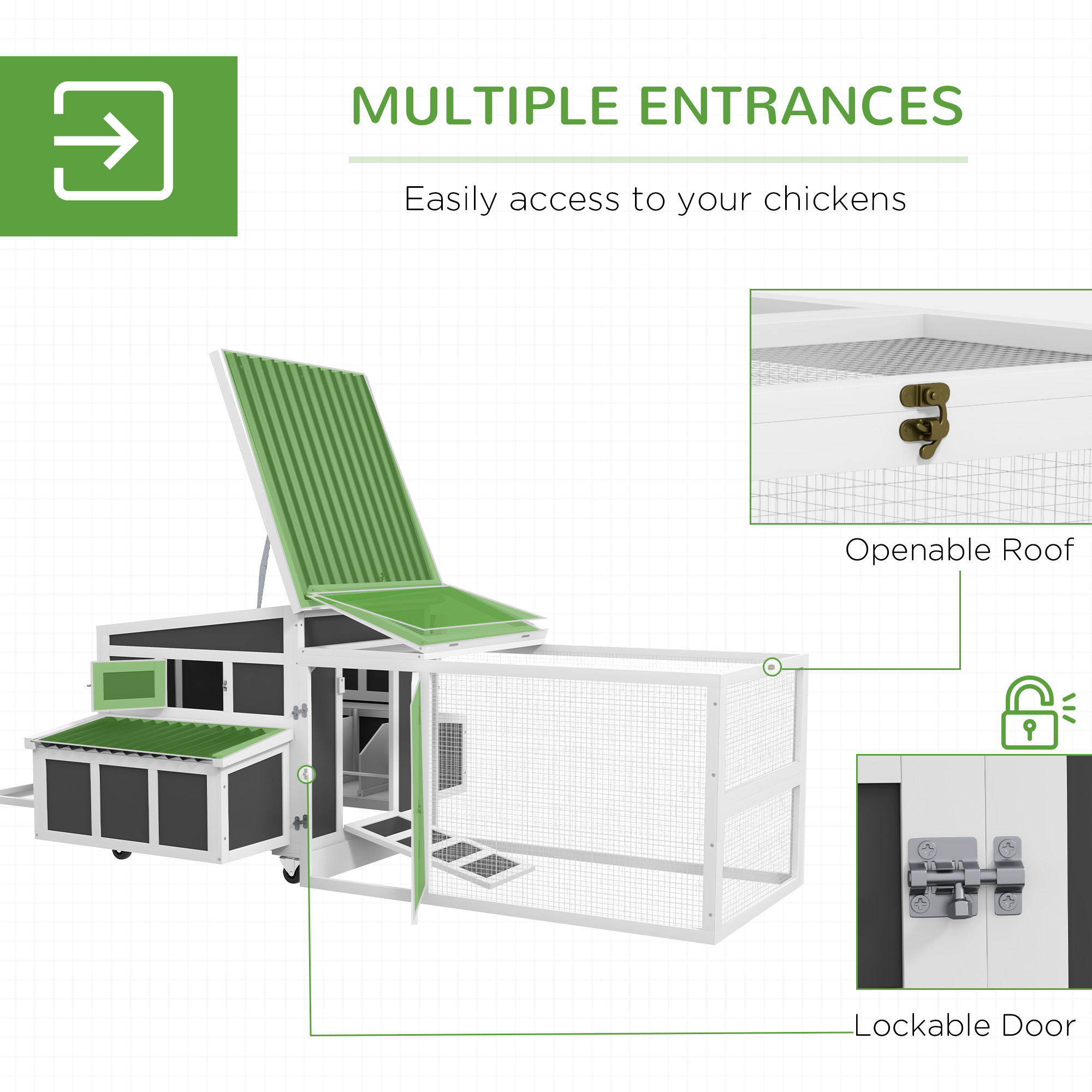 Wooden Chicken Coop, Rabbit Hutch with Large Run, Outdoor Poultry Cage with Nesting Box, Tray, Windows, Dark Grey - Image 5