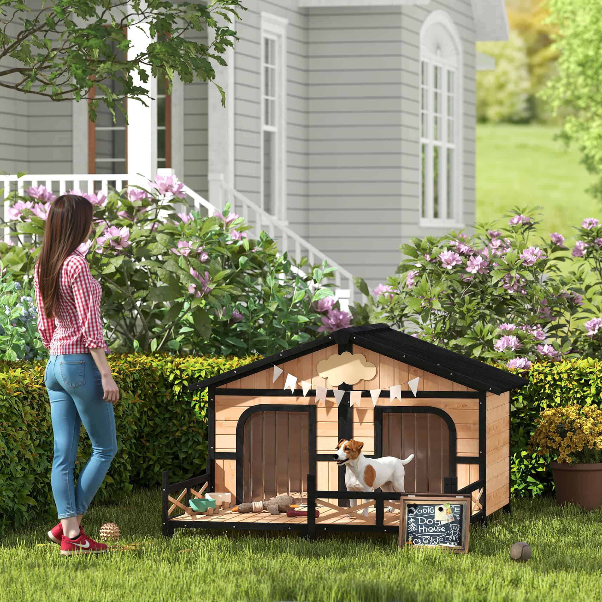 59"x64"x39" Wood Dog House Outdoor Cabin-Style Elevated Pet Shelter with Porch Deck, Beige