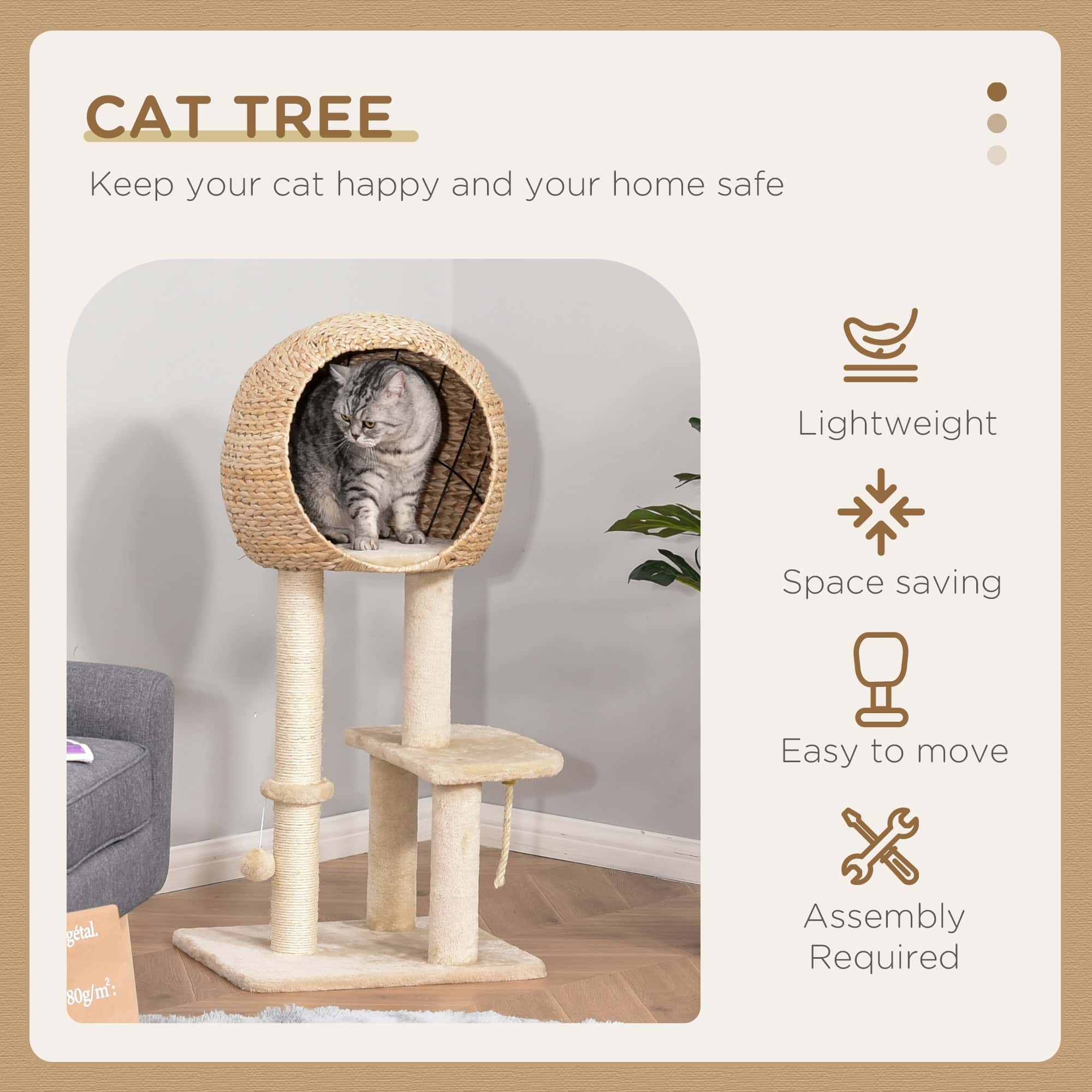 39" H Cat Tree with Sisal Scratching Post, Condo, Plush Perch, Hanging Rope and Hanging Ball, Beige