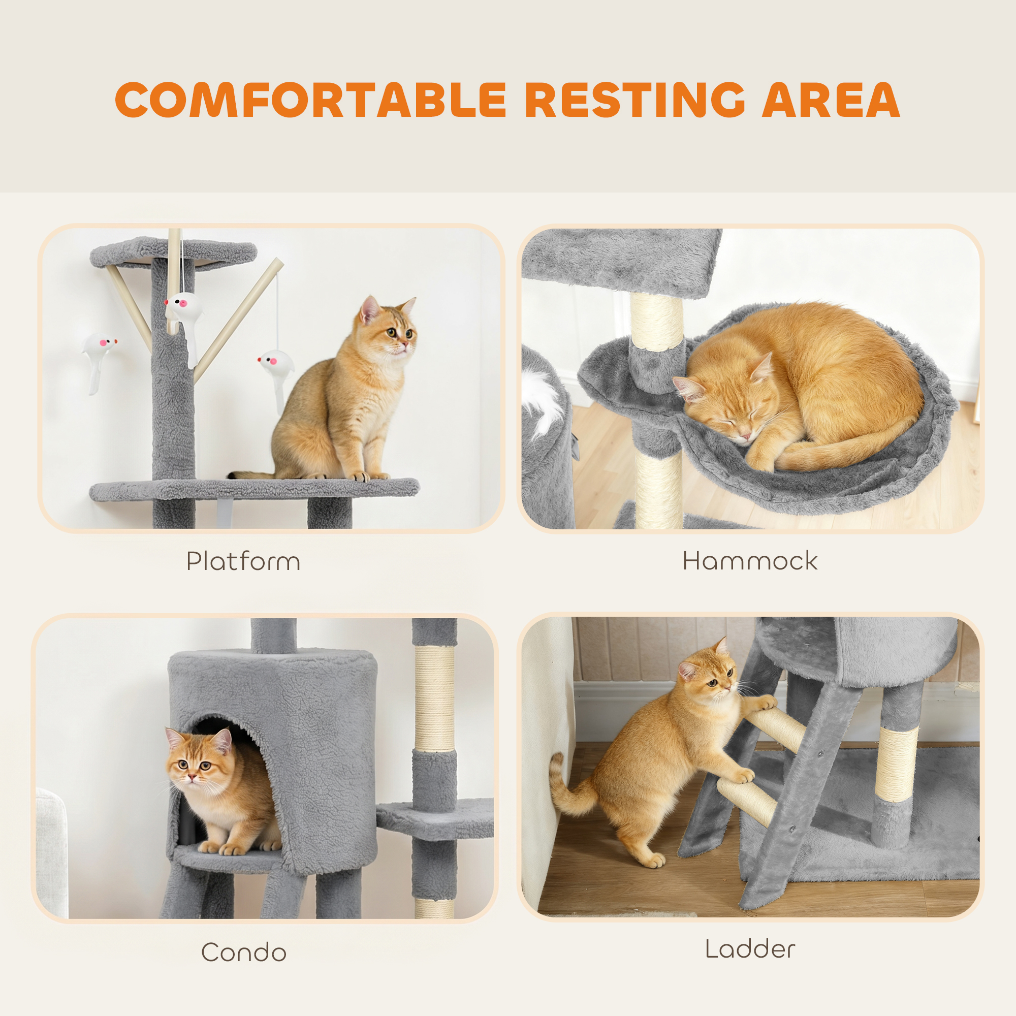 53" Cat Tree Tower, Kitten Activity Centre with Scratching Posts, Condo, Perches, Ladder, Hammock, Dangling Toys, Grey