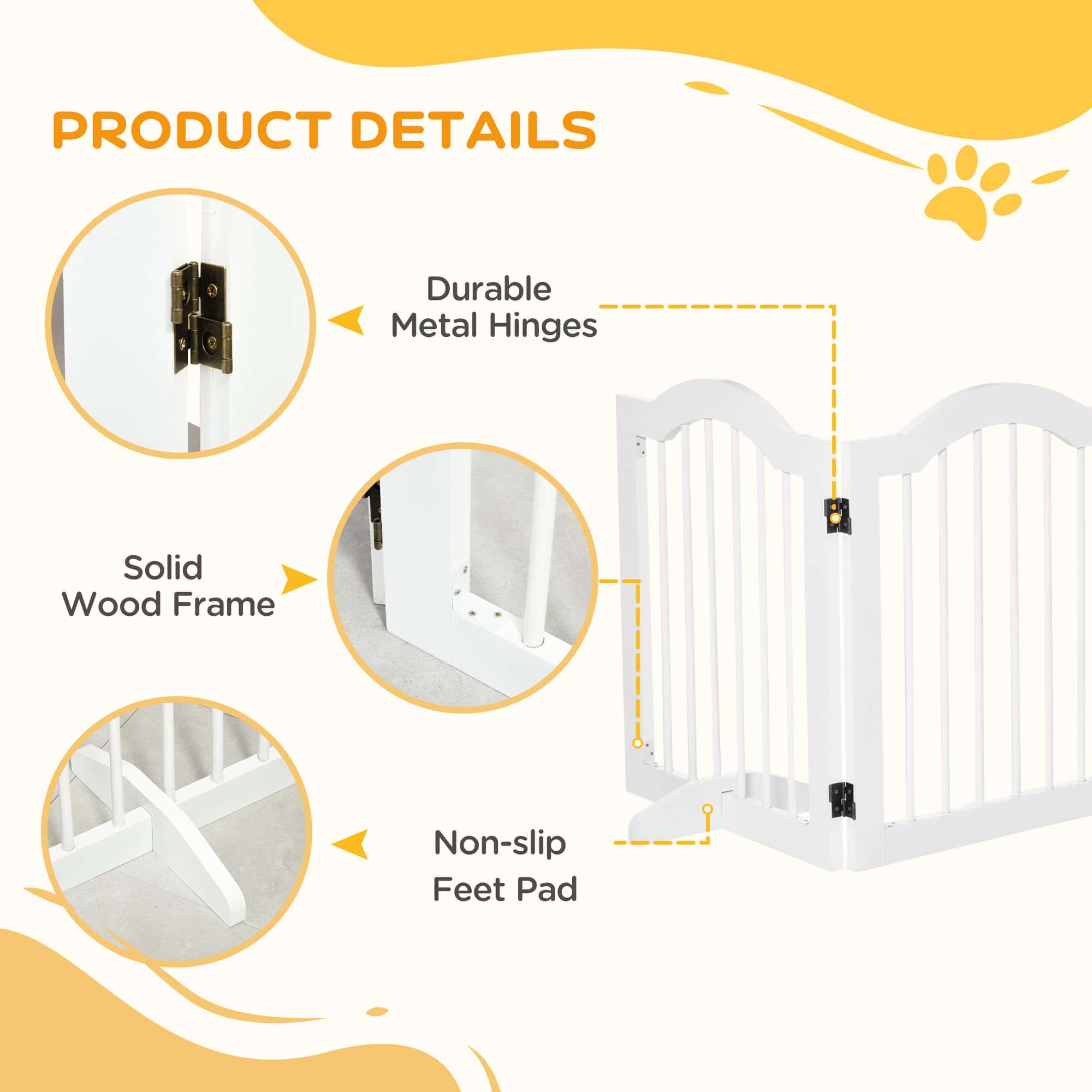 24"H Foldable Dog Gate, 3 Panels Freestanding Pet Gate Barriers Indoor with Support Feet, Puppy Fence for Small Dogs, White - Image 6