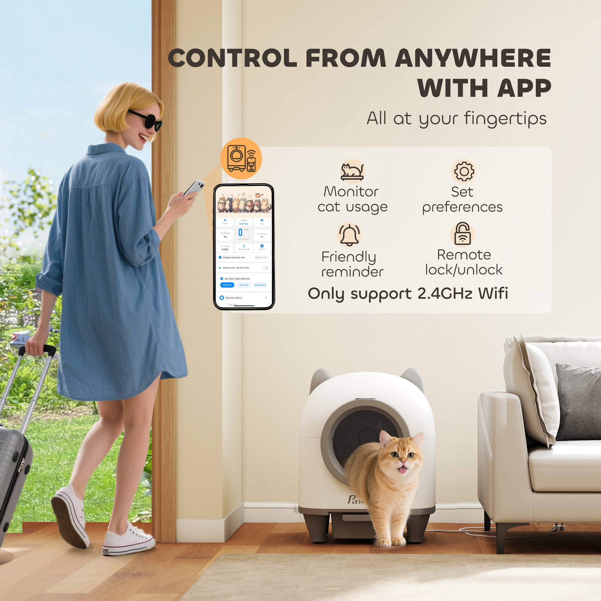 Automatic Cat Litter Box with App Control, Odor Isolation, Safety Protection, Anti-Pinch, 1 Roll Garbage Bag