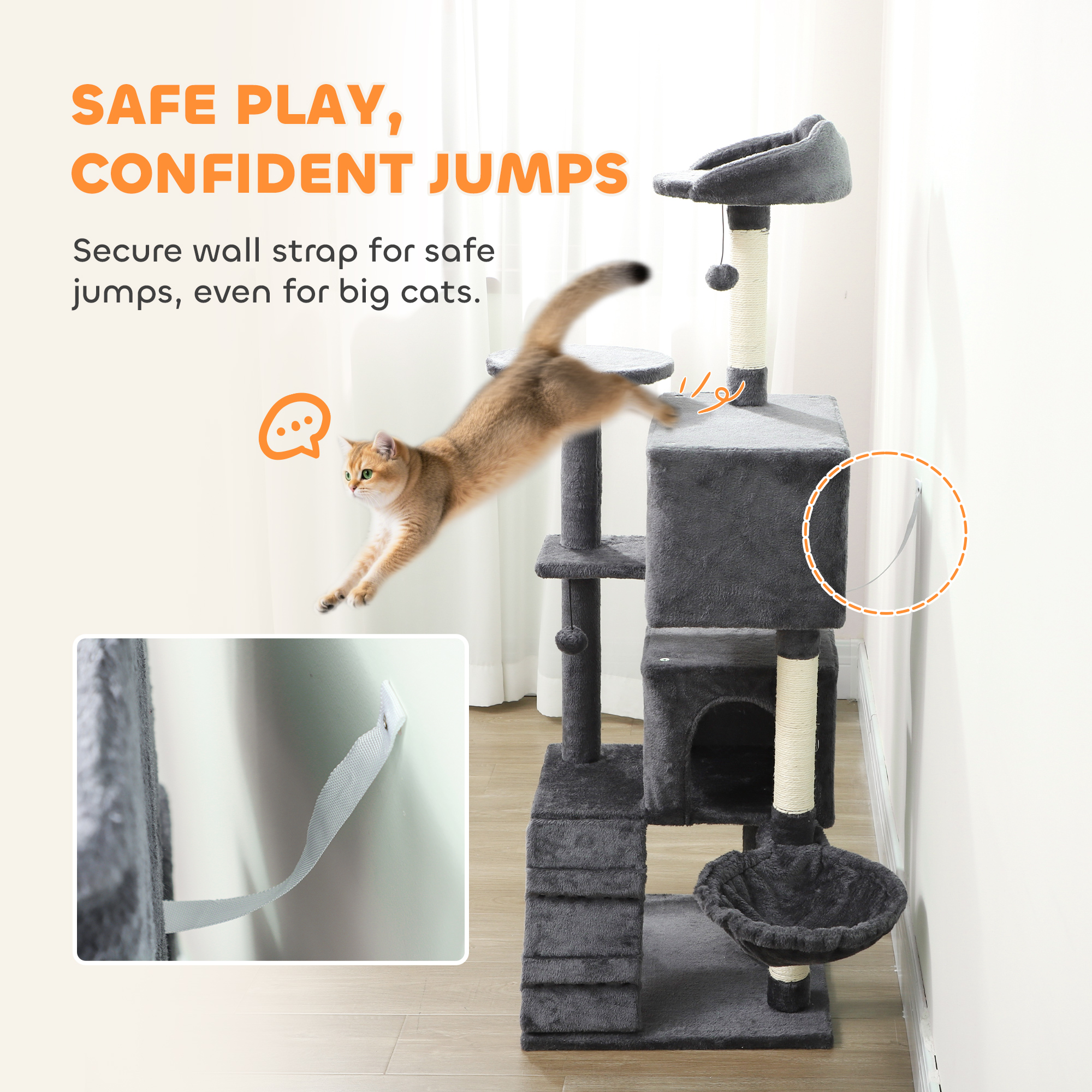 63 Inch Cat Tree with Sisal Scratching Posts, Condos, Plush Perches, Hammock, Ladder, Dangling Balls, Dark Grey - Image 6