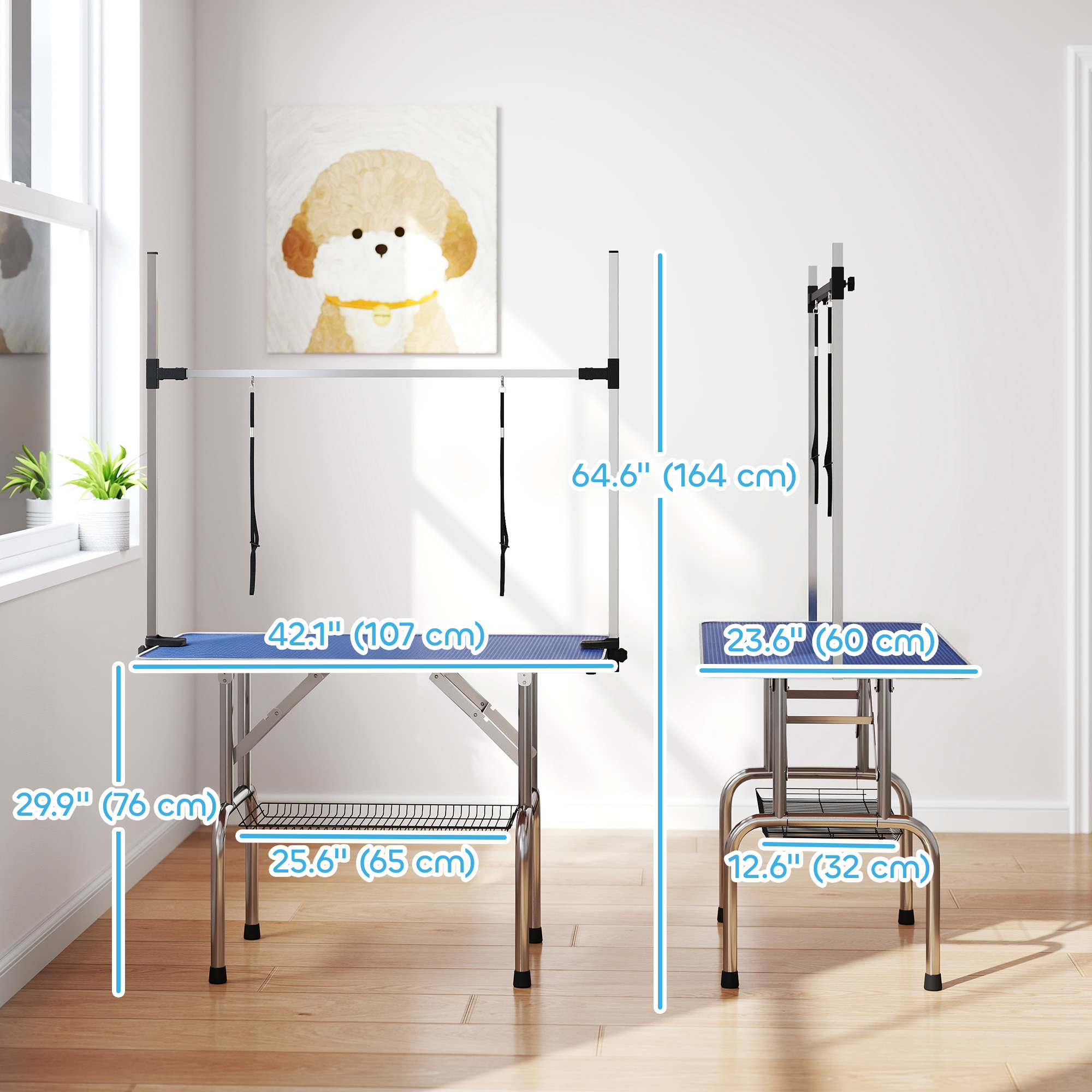 Adjustable Dog Grooming Table with 2 Safety Slings, Storage Basket, Blue