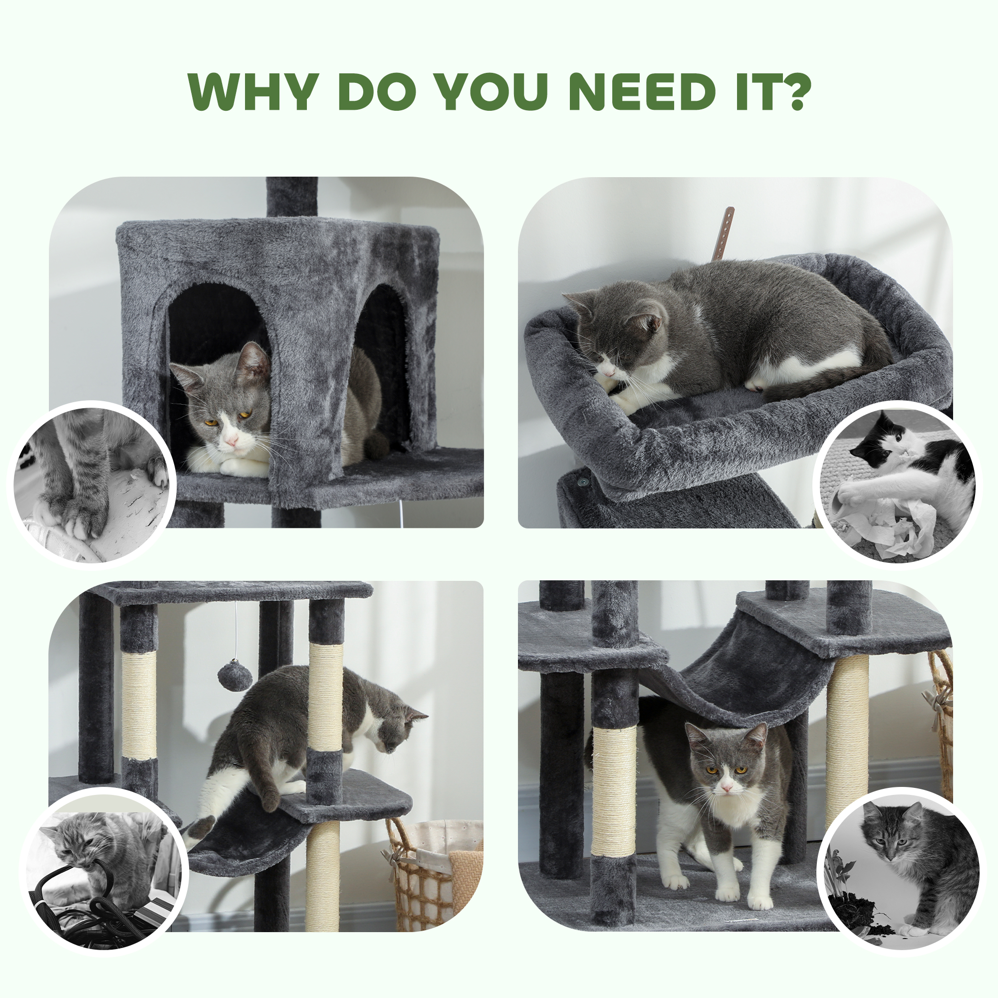 69" Cat Tree, Multi-Level Cat Tower with 2 Condos, Plush Perch and Sisal Scratching Posts, Dark Grey