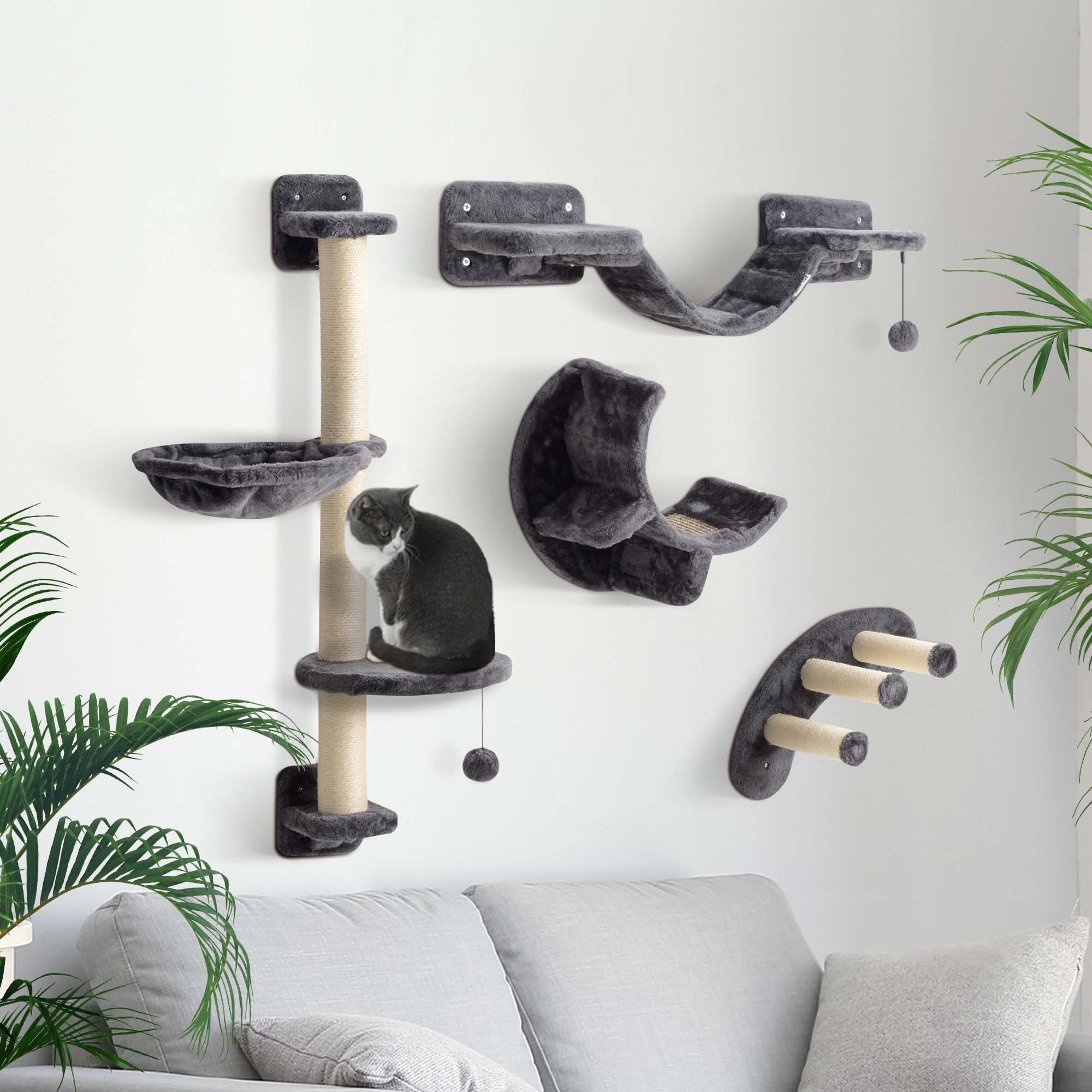 Cat Wall Shelf with Scratching Post, Play Balls, Platforms, Dark Grey
