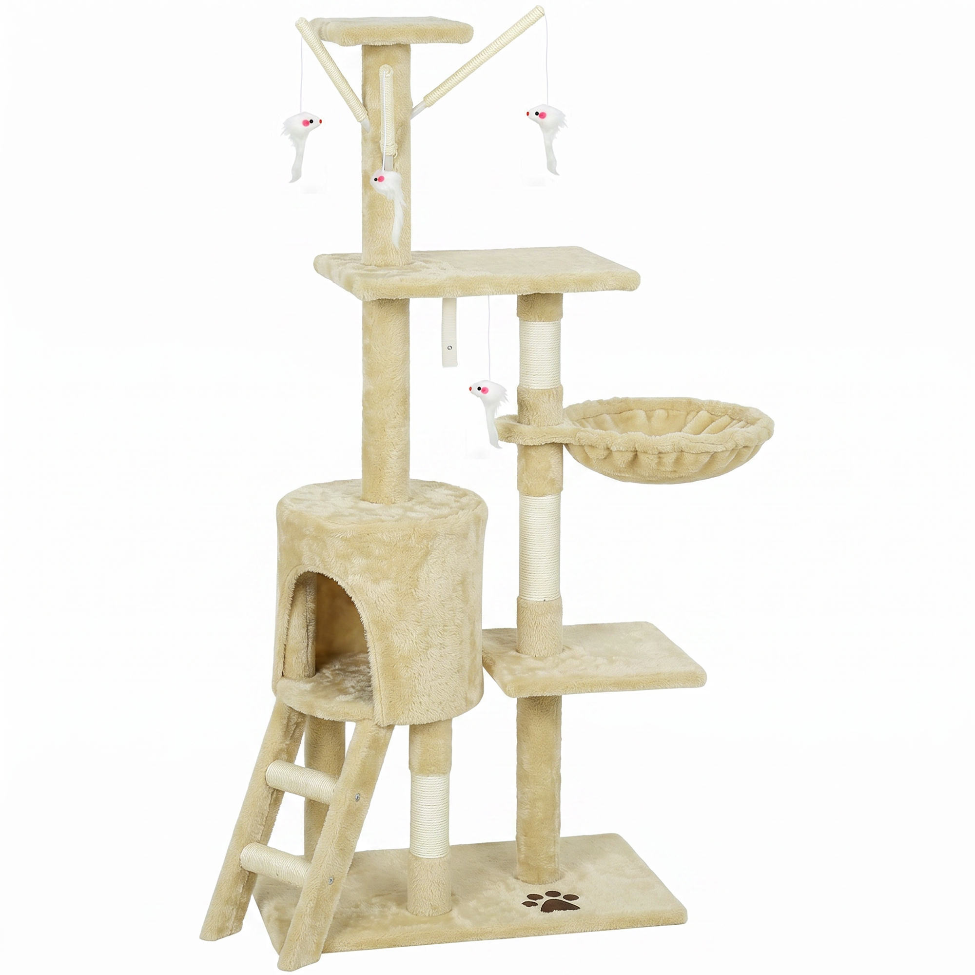 53" Cat Tree Tower, Kitten Activity Centre with Scratching Posts, Condo, Perches, Ladder, Hammock, Dangling Toys, Beige