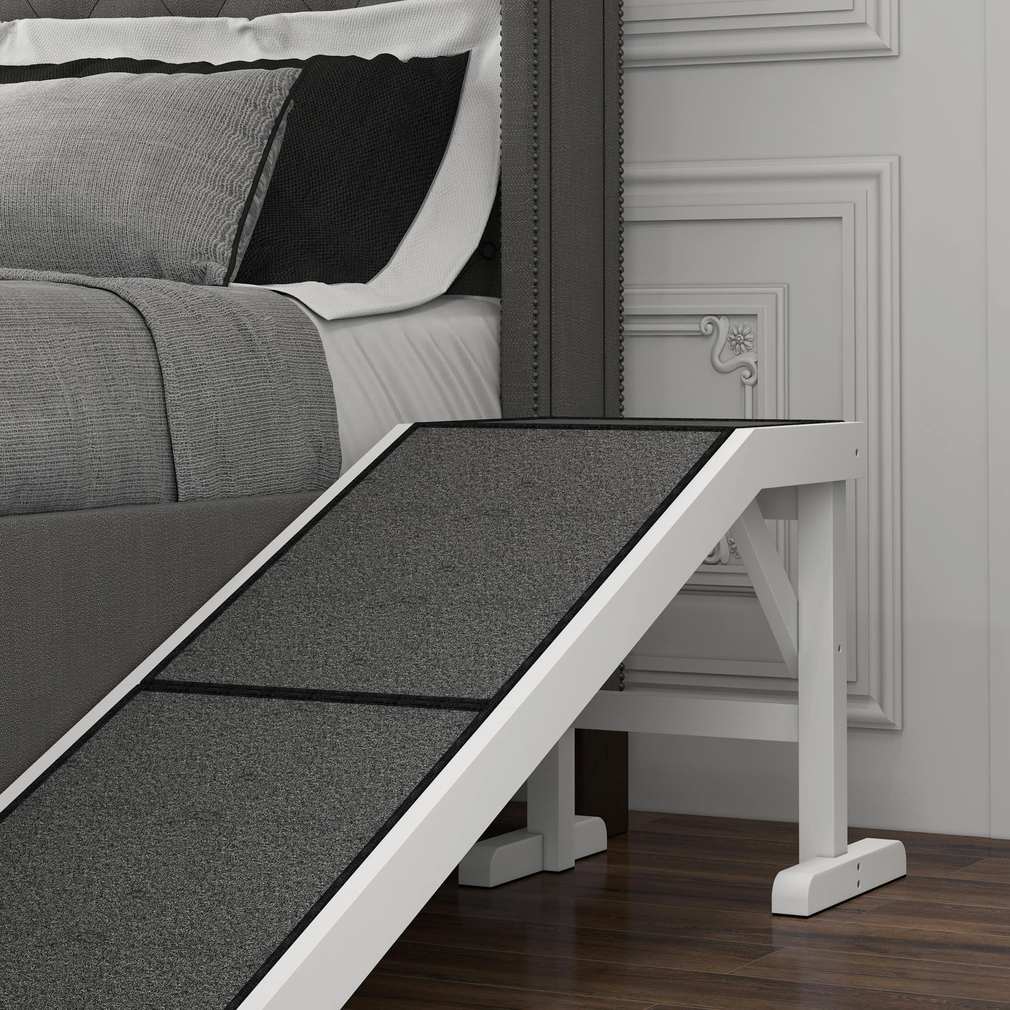 Pet Ramp Bed Steps for Dogs Cats Non-slip Carpet Top Platform Pine Wood 59"L x 16"W x 20"H White