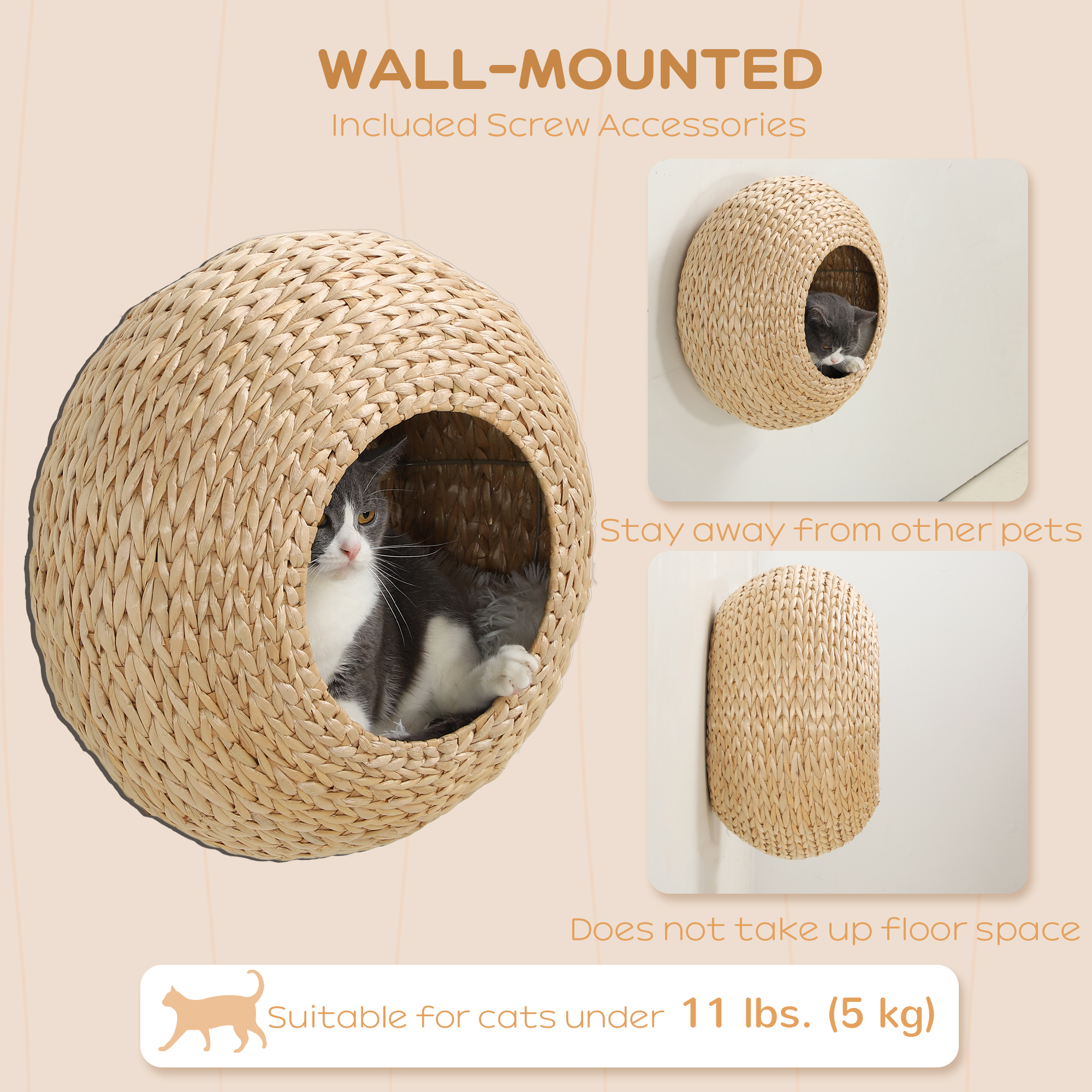 Cat Wall Shelf with Washable Cushion, Wall Mounted Cat Condo Furniture for Indoor Kittens, Beige