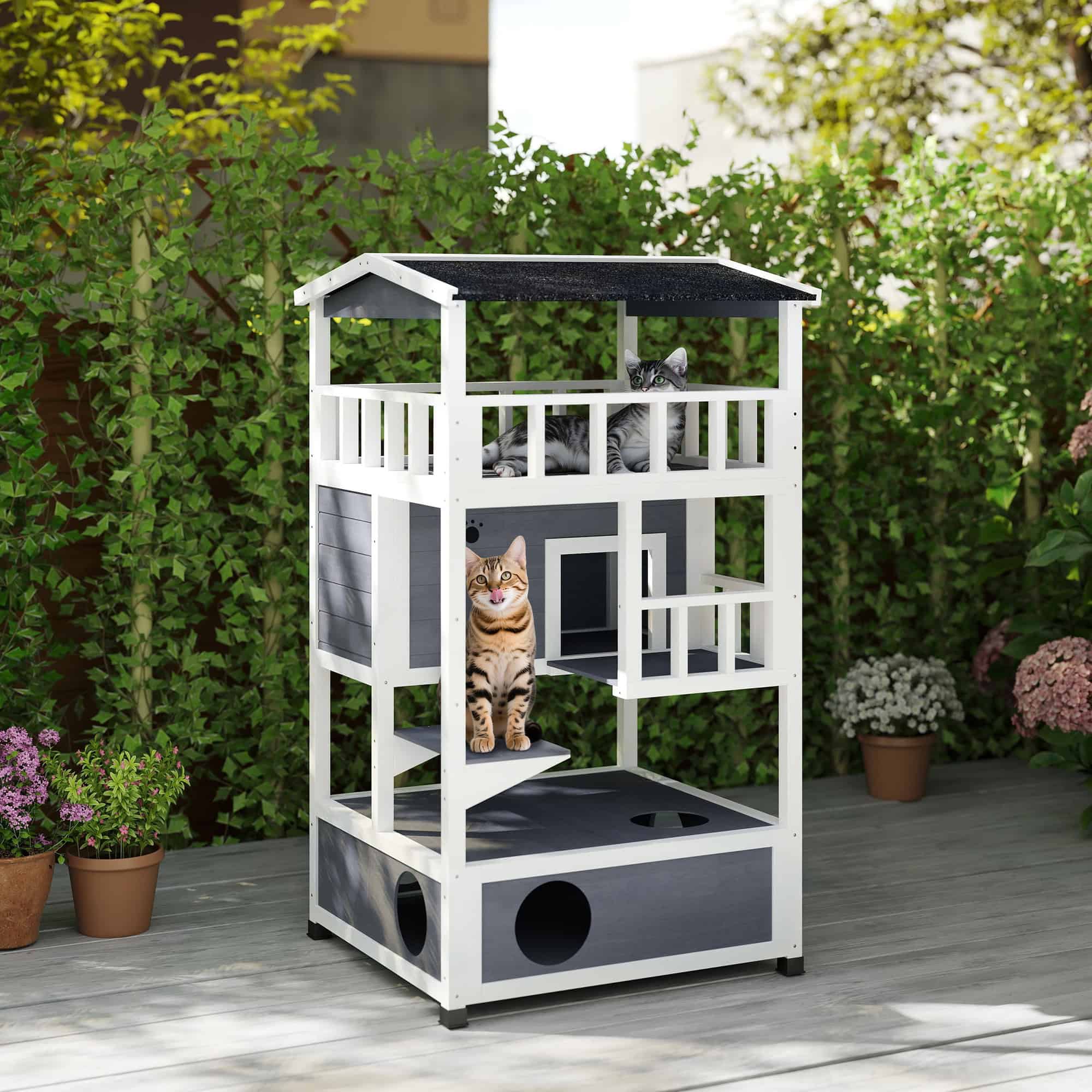 4-Floor Wood Outdoor Cat House Catio for Cats with Condo, Fun Entrances, Perch, Grey - Image 8