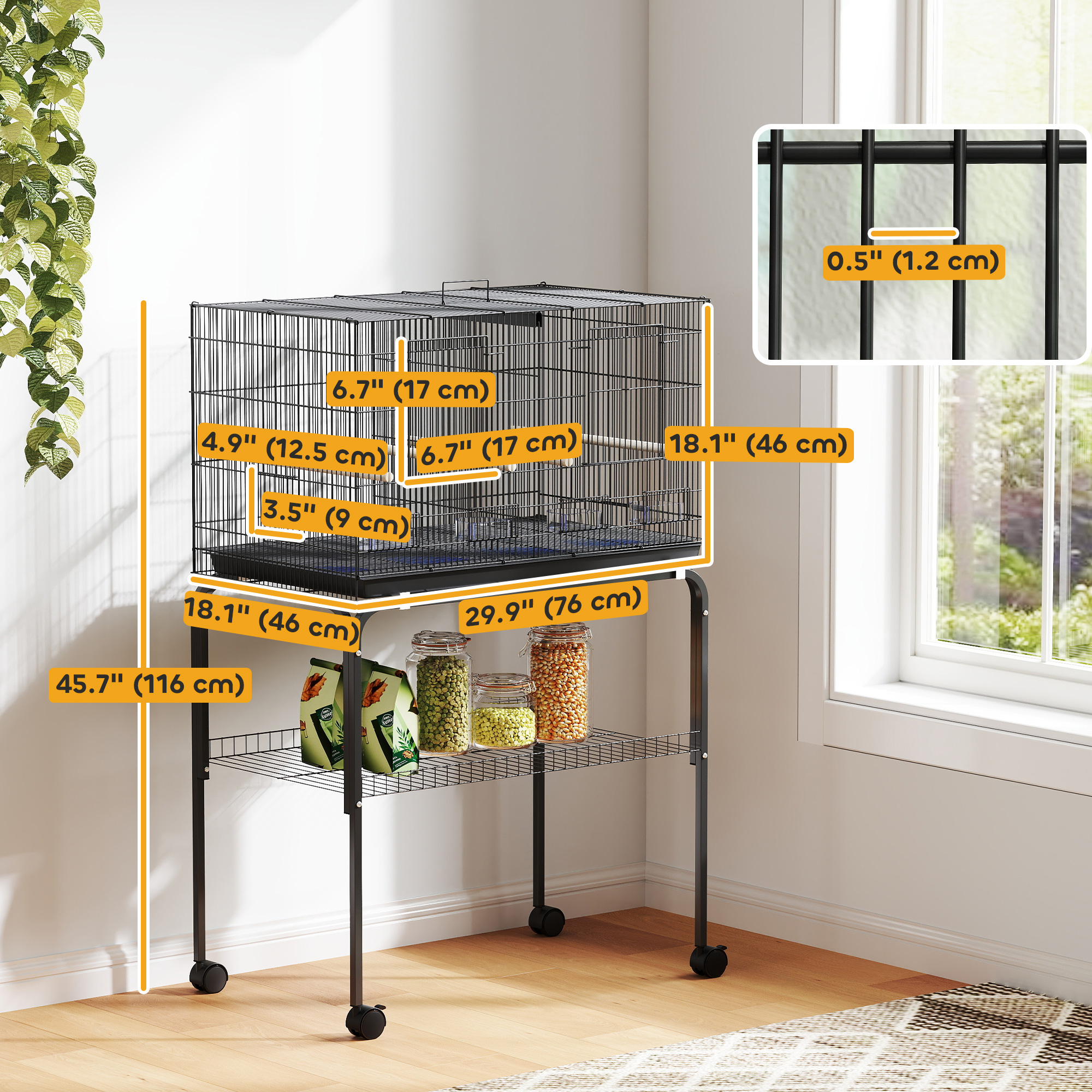 46" H Bird Cage, Large Parakeet Cage for Budgie, Lovebird, Canary, Finches with Divider, Black