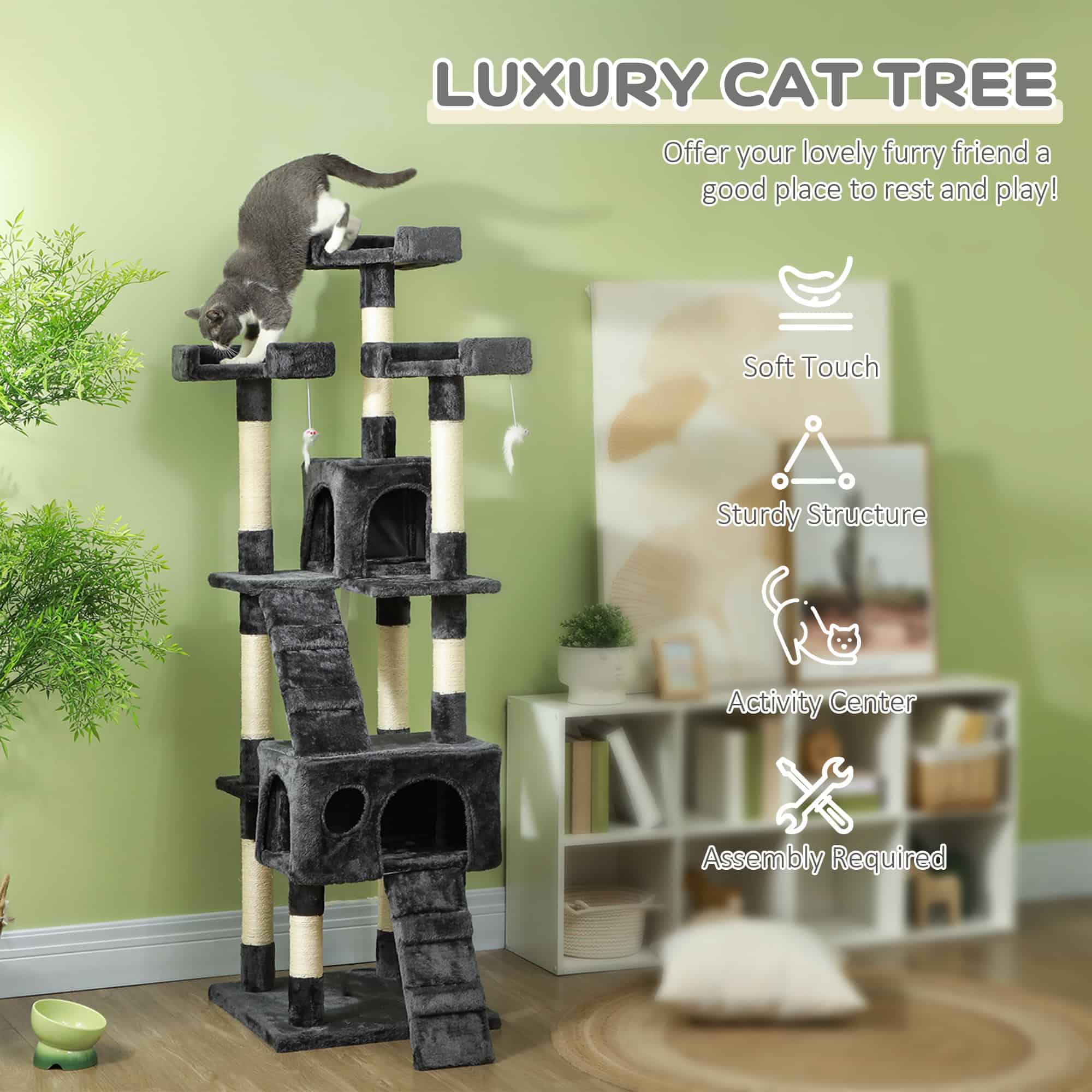 68" Multi-Level Cat Scratching Tree with 3 Perches & 2 Condos, 4 Tier Kitty Activity Center with Ladders & Dangling Toys, Grey - Image 5