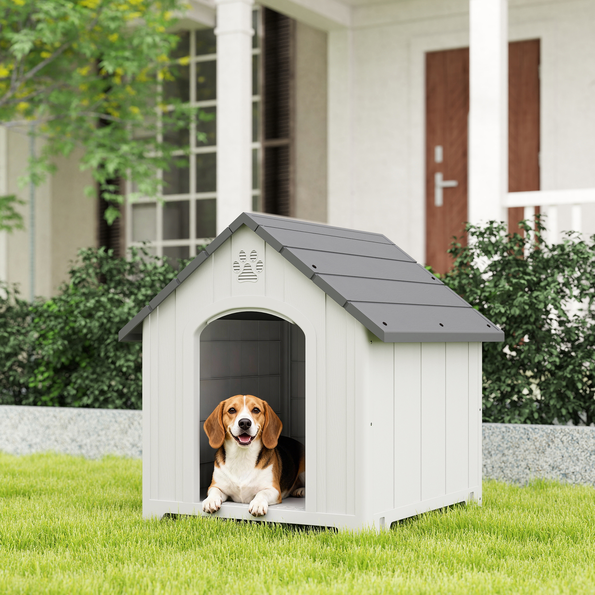 Large Plastic Dog House Outdoor Indoor, Water Resistant Puppy Shelter with Base Support, 34.6" L x 31.1" W x 35" H