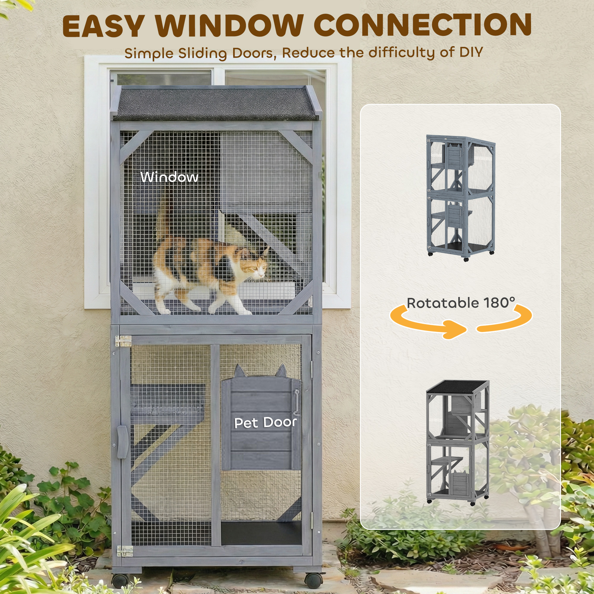 Movable Catio Outdoor Cat Enclosure with Resting Box, 3 Jumping Platforms, Waterproof Asphalt Roof for Outdoor Indoor